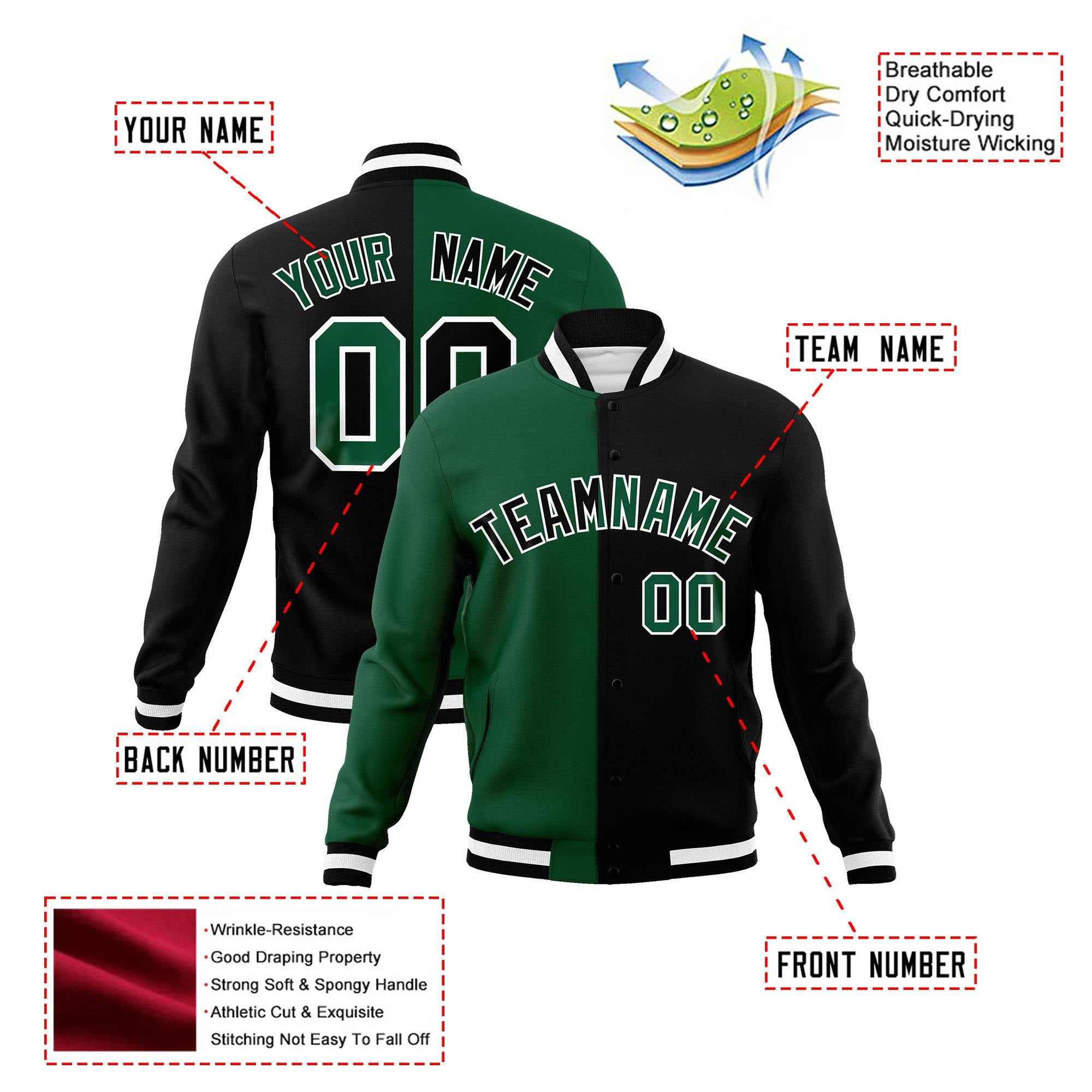 Custom Kelly-Green Black-White Bomber Full-Snap Varsity Letterman Split Fashion Jacket