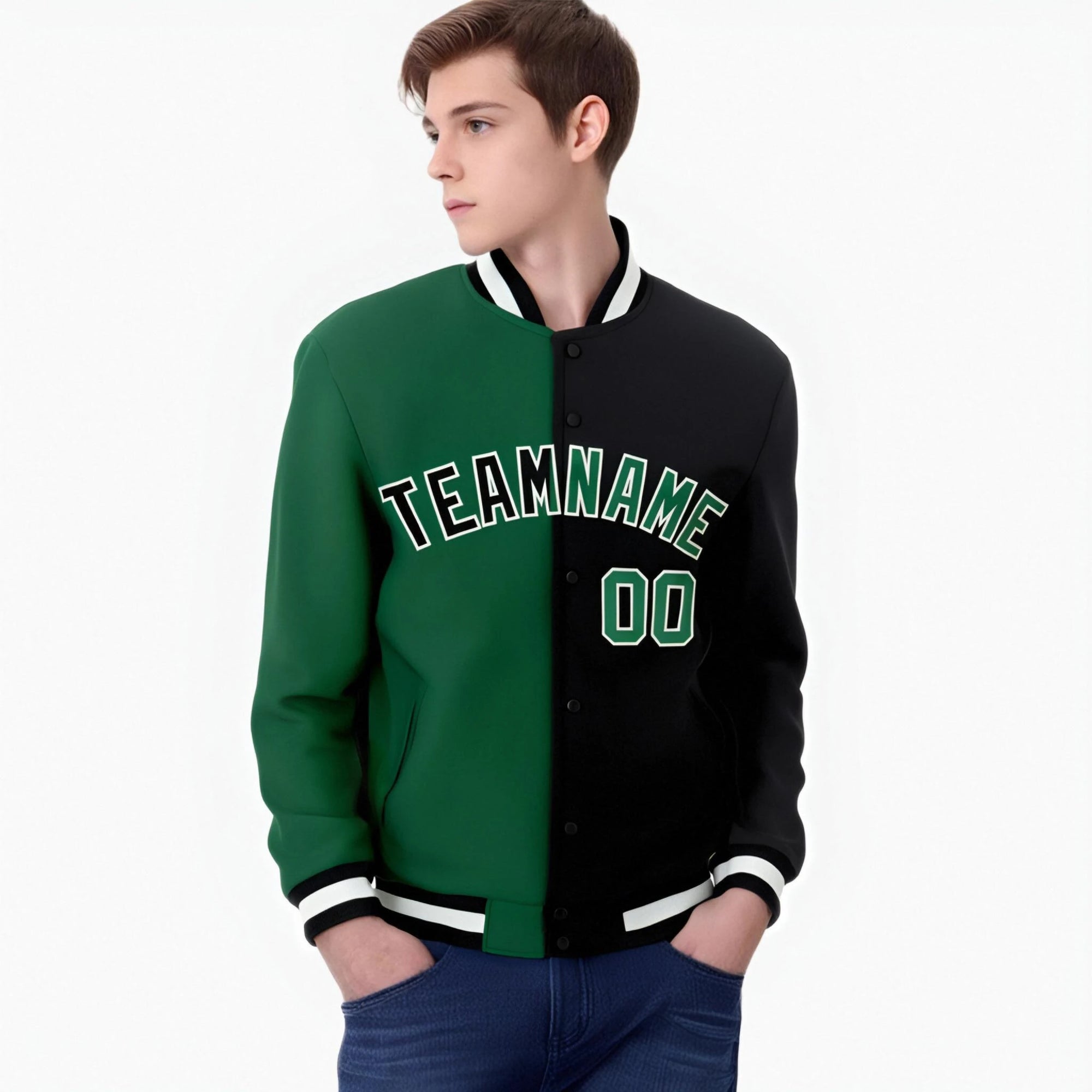 Custom Kelly-Green Black-White Bomber Full-Snap Varsity Letterman Split Fashion Jacket