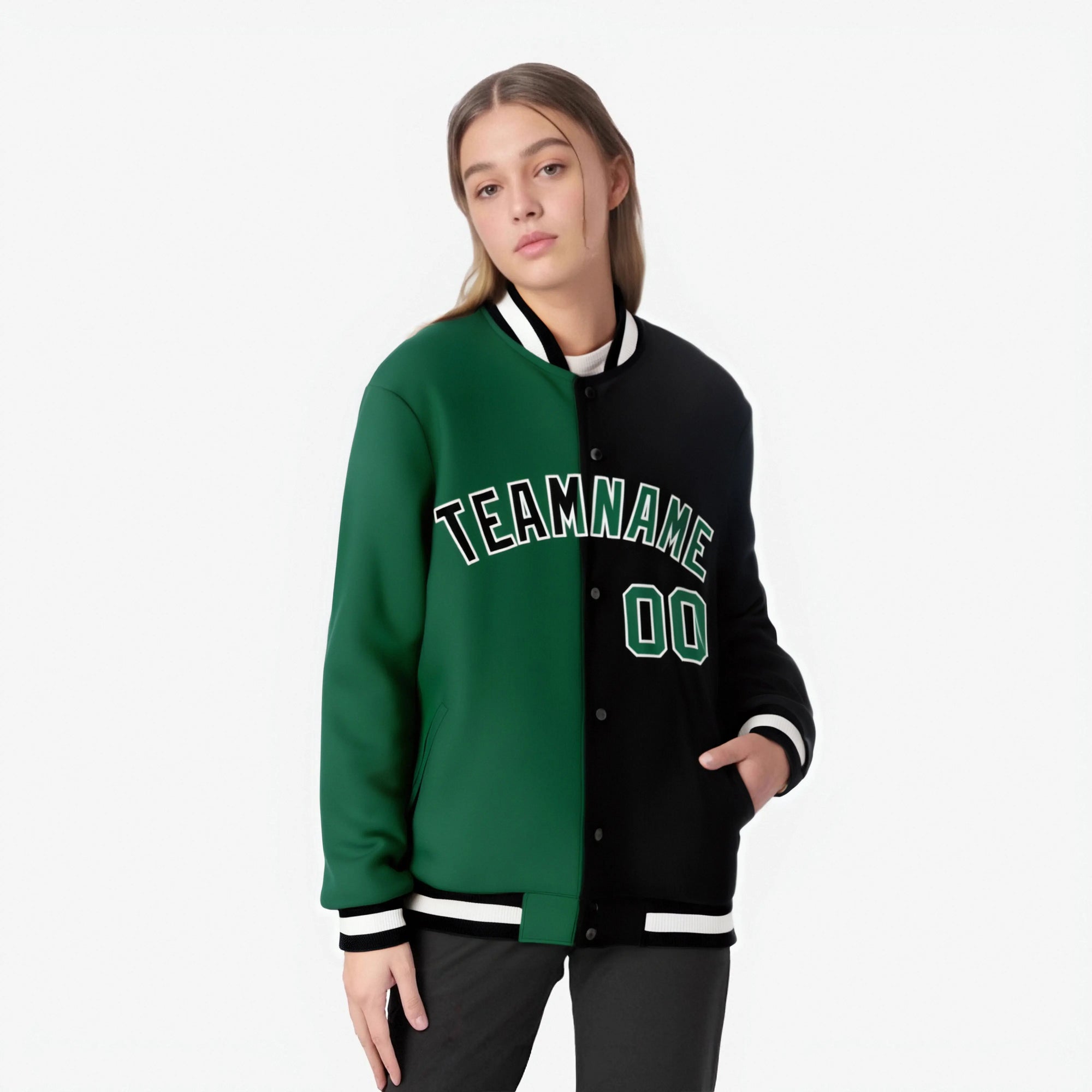 Custom Kelly-Green Black-White Bomber Full-Snap Varsity Letterman Split Fashion Jacket