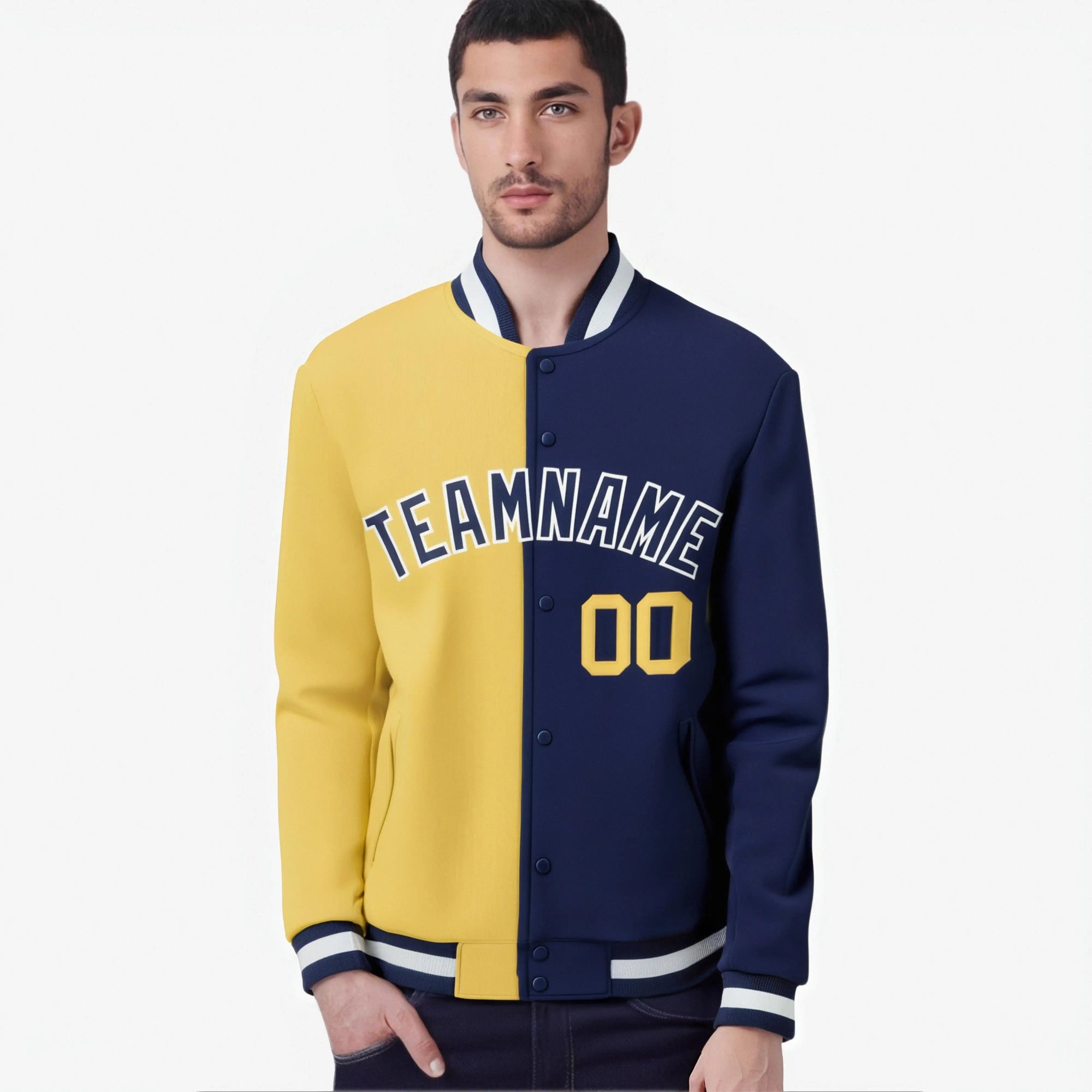 Custom Yellow-Navy White Bomber Full-Snap Varsity Letterman Split Fashion Jacket