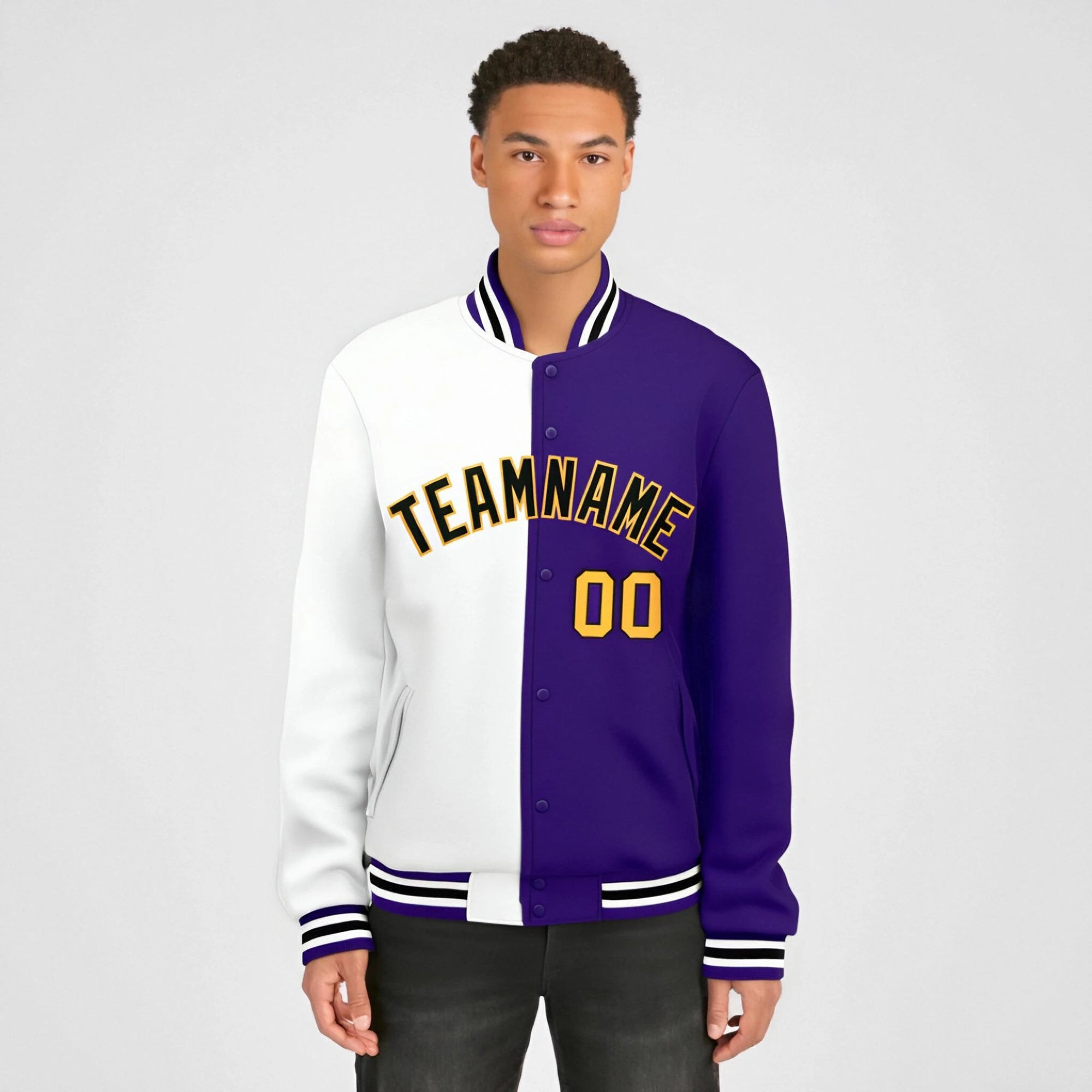 Custom White Yellow Purple Bomber Full-Snap Varsity Letterman Split Fashion Jacket