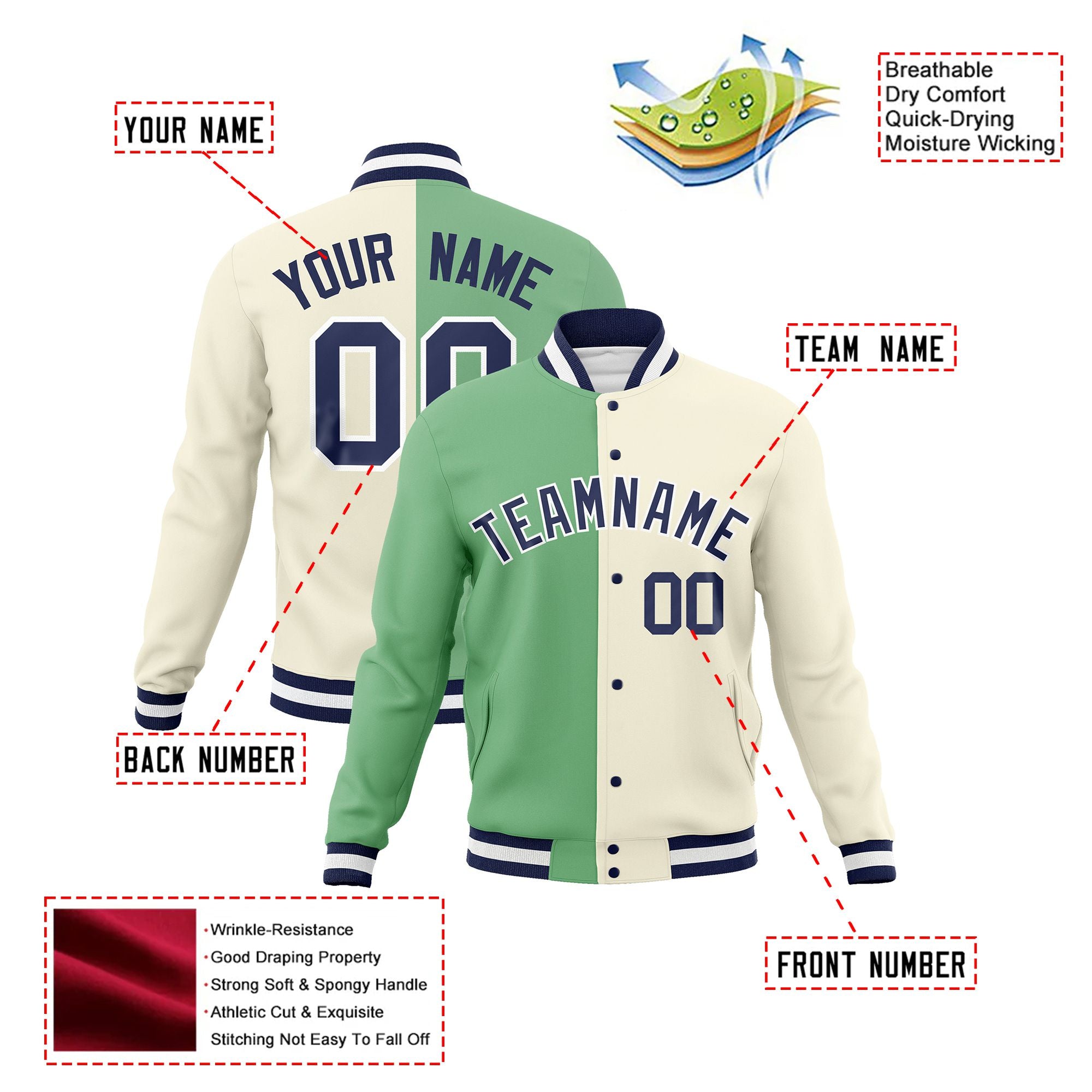 Custom Green Cream Navy Bomber Full-Snap Varsity Letterman Split Fashion Jacket