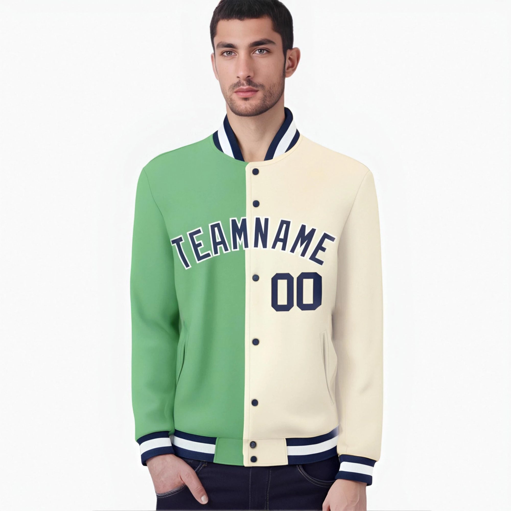 Custom Green Cream Navy Bomber Full-Snap Varsity Letterman Split Fashion Jacket