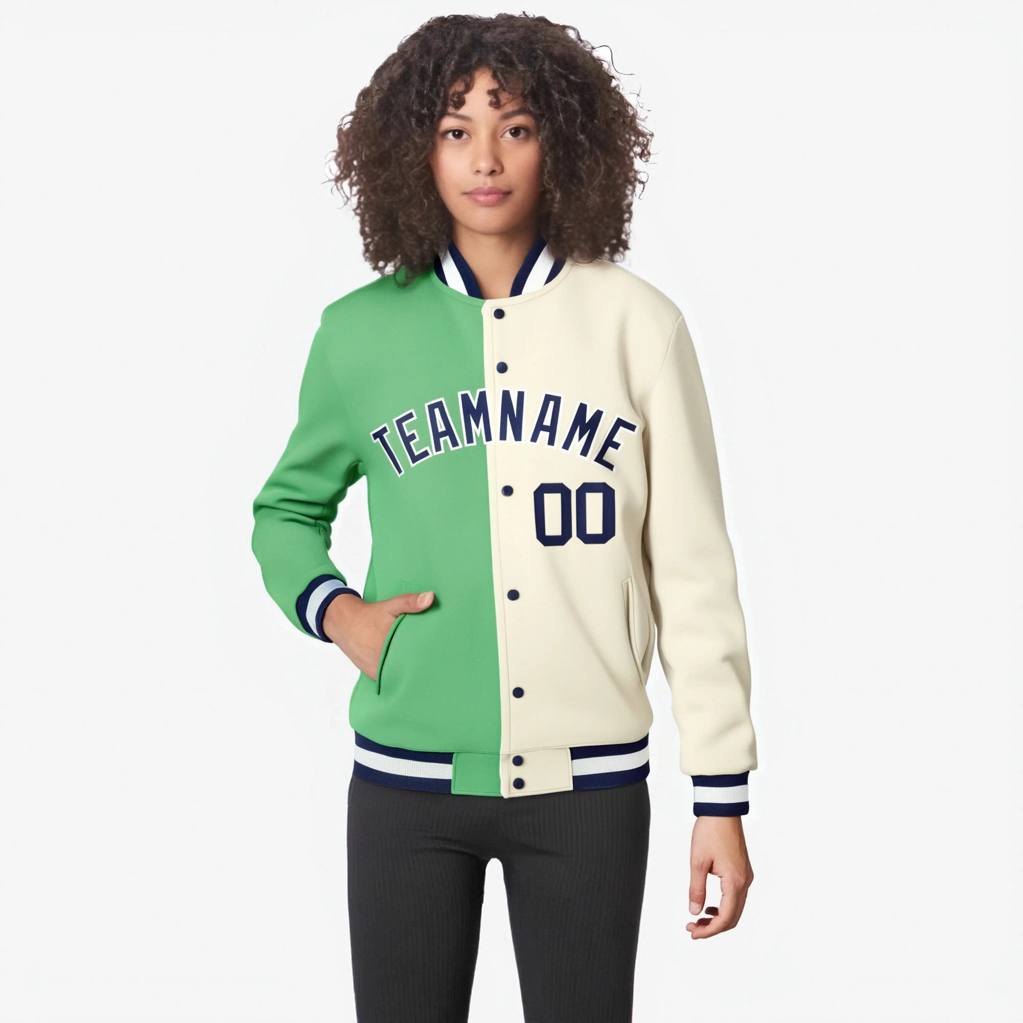 Custom Green Cream Navy Bomber Full-Snap Varsity Letterman Split Fashion Jacket