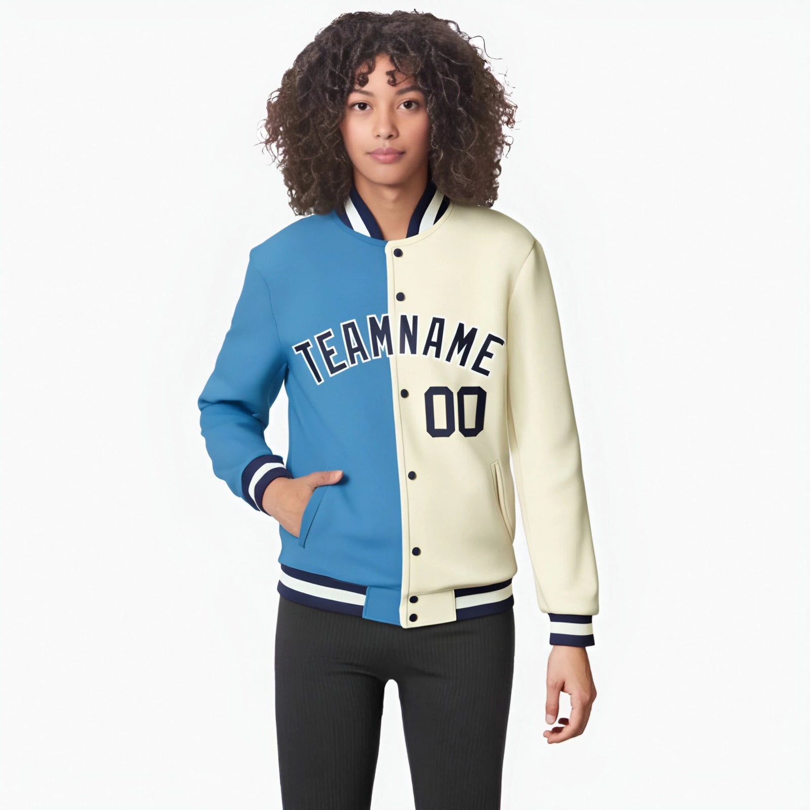 Custom Light-Blue Cream Navy Bomber Full-Snap Varsity Letterman Split Fashion Jacket