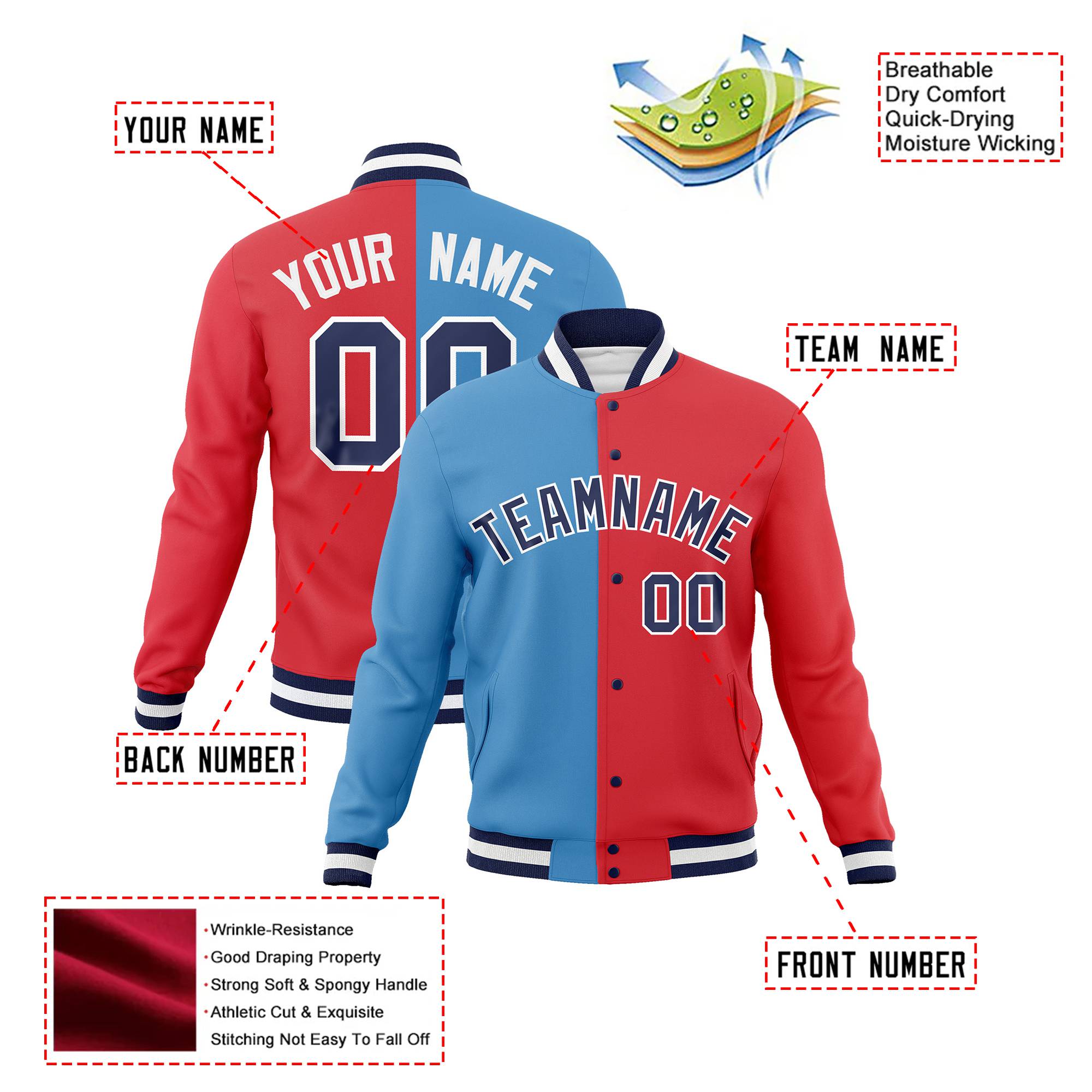 Custom Light-Blue Red Navy Bomber Full-Snap Varsity Letterman Split Fashion Jacket