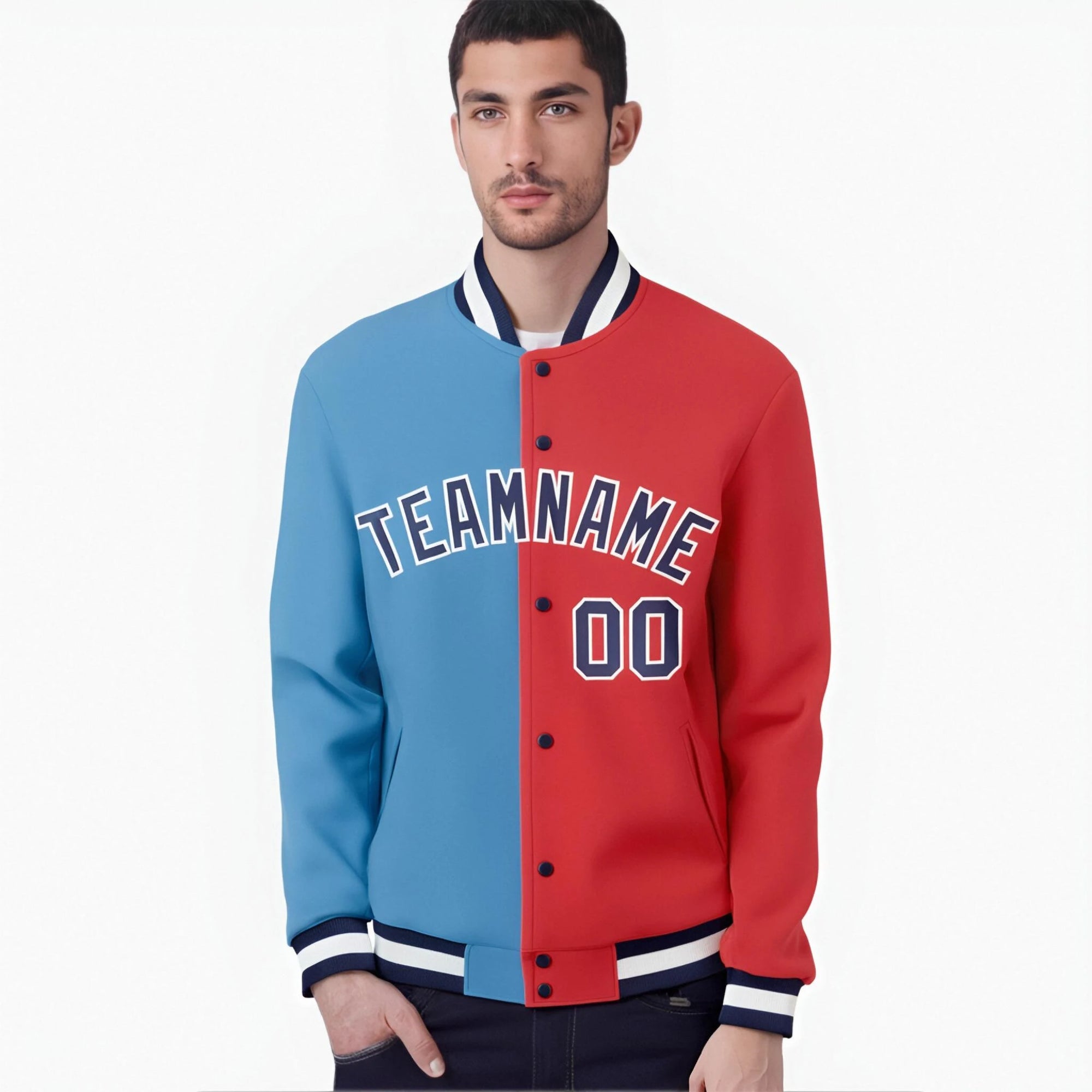 Custom Light-Blue Red Navy Bomber Full-Snap Varsity Letterman Split Fashion Jacket