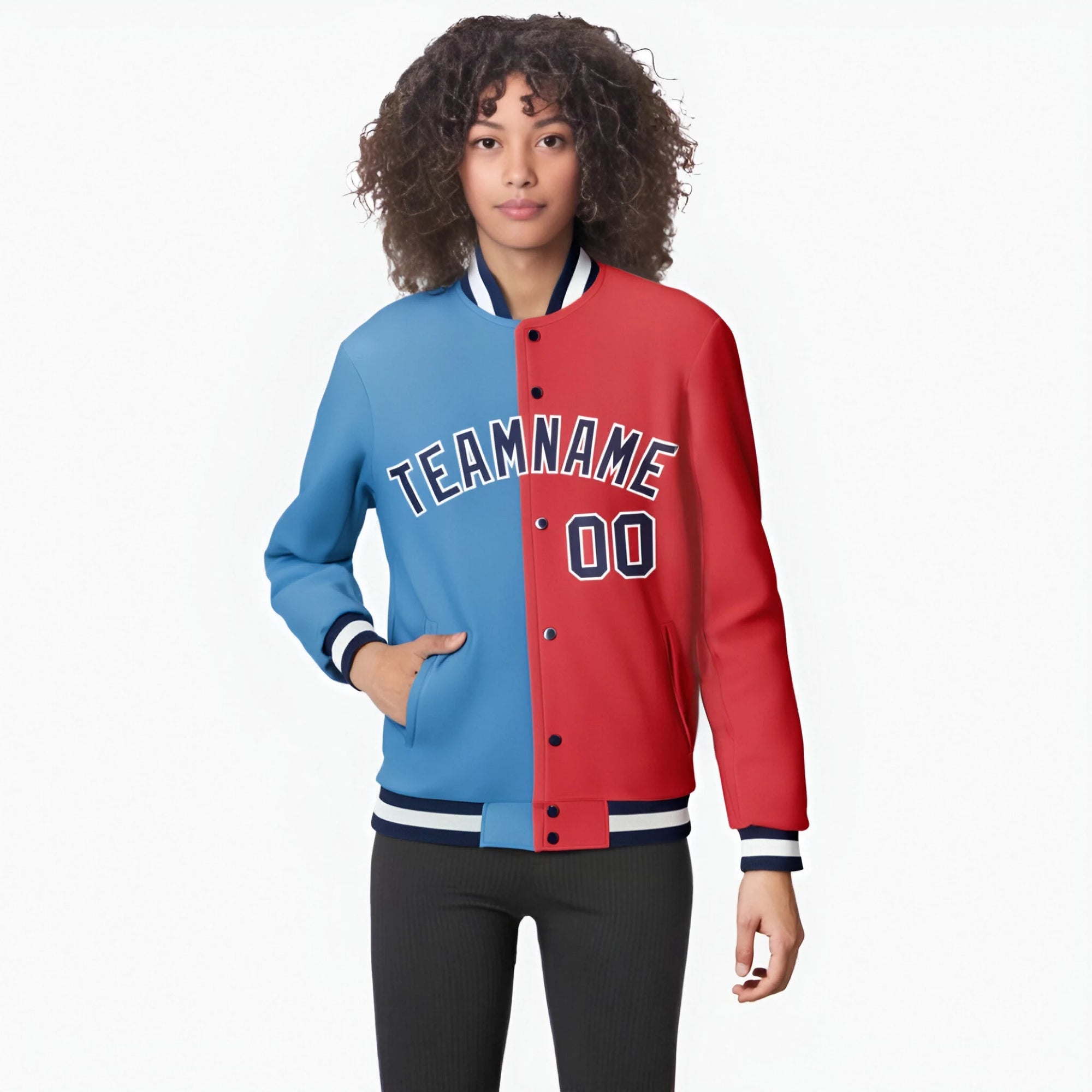 Custom Light-Blue Red Navy Bomber Full-Snap Varsity Letterman Split Fashion Jacket