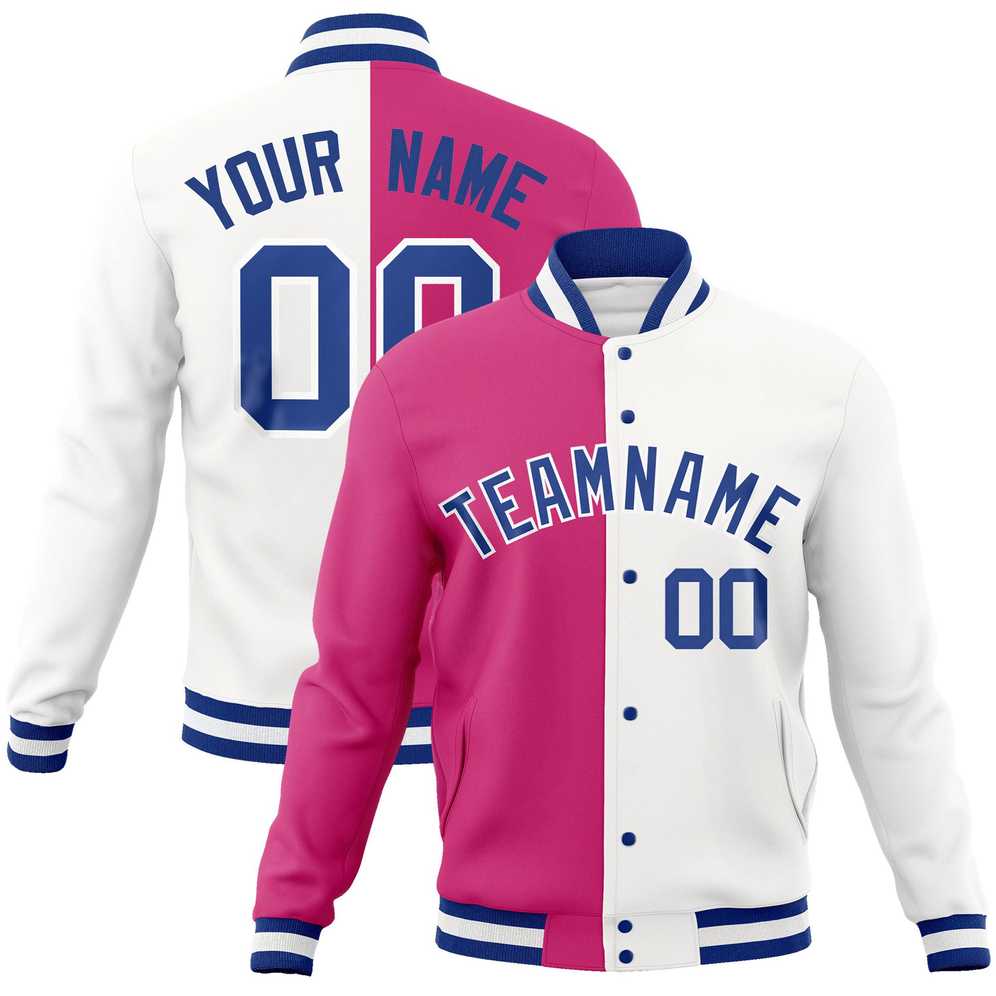 Custom Pink White Navy Bomber Full-Snap Varsity Letterman Split Fashion Jacket