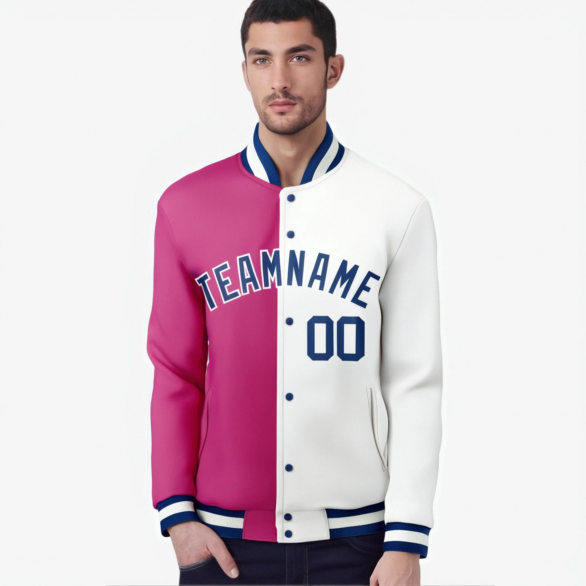 Custom Pink White Navy Bomber Full-Snap Varsity Letterman Split Fashion Jacket