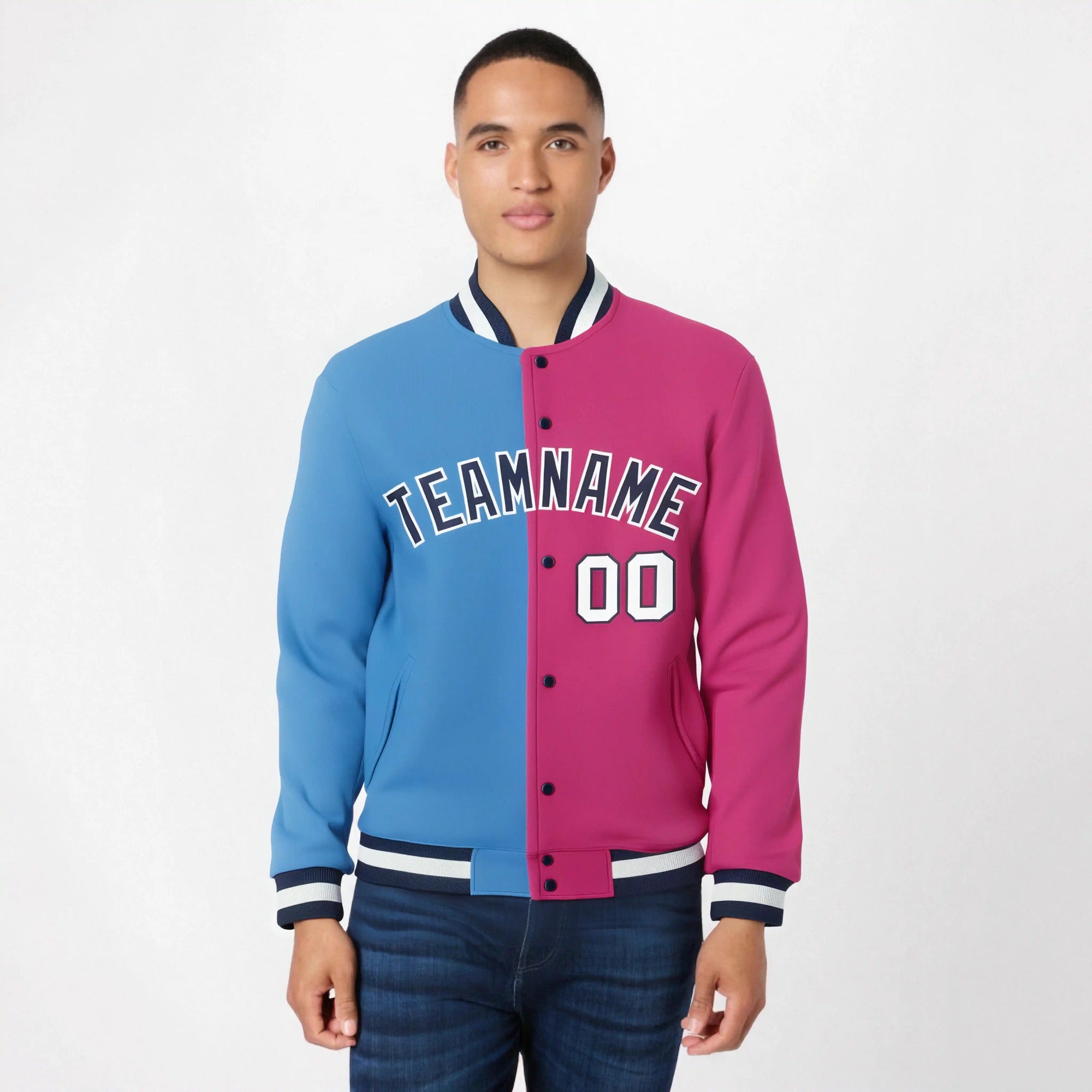 Custom Light-Blue Pink Navy Bomber Full-Snap Varsity Letterman Split Fashion Jacket