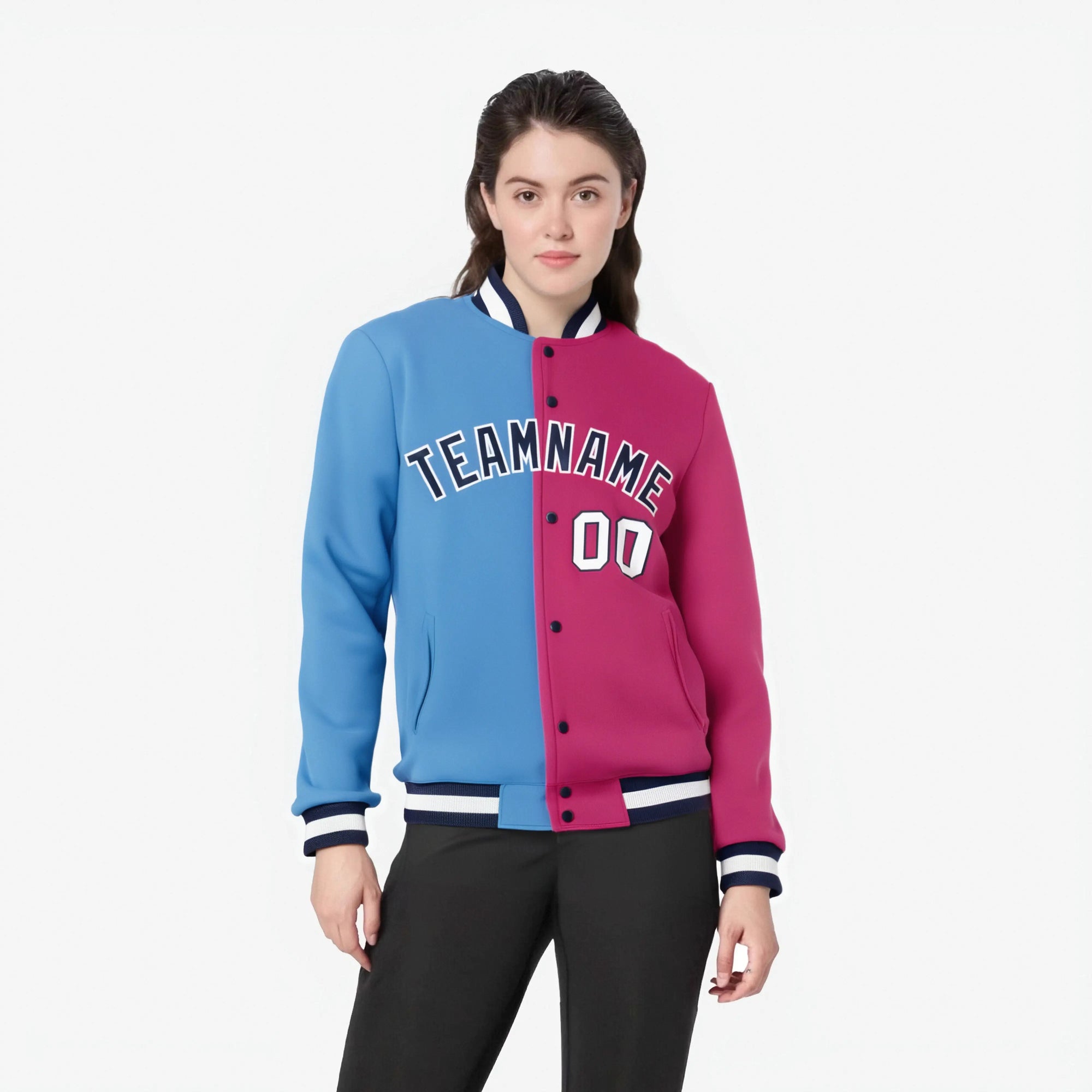 Custom Light-Blue Pink Navy Bomber Full-Snap Varsity Letterman Split Fashion Jacket