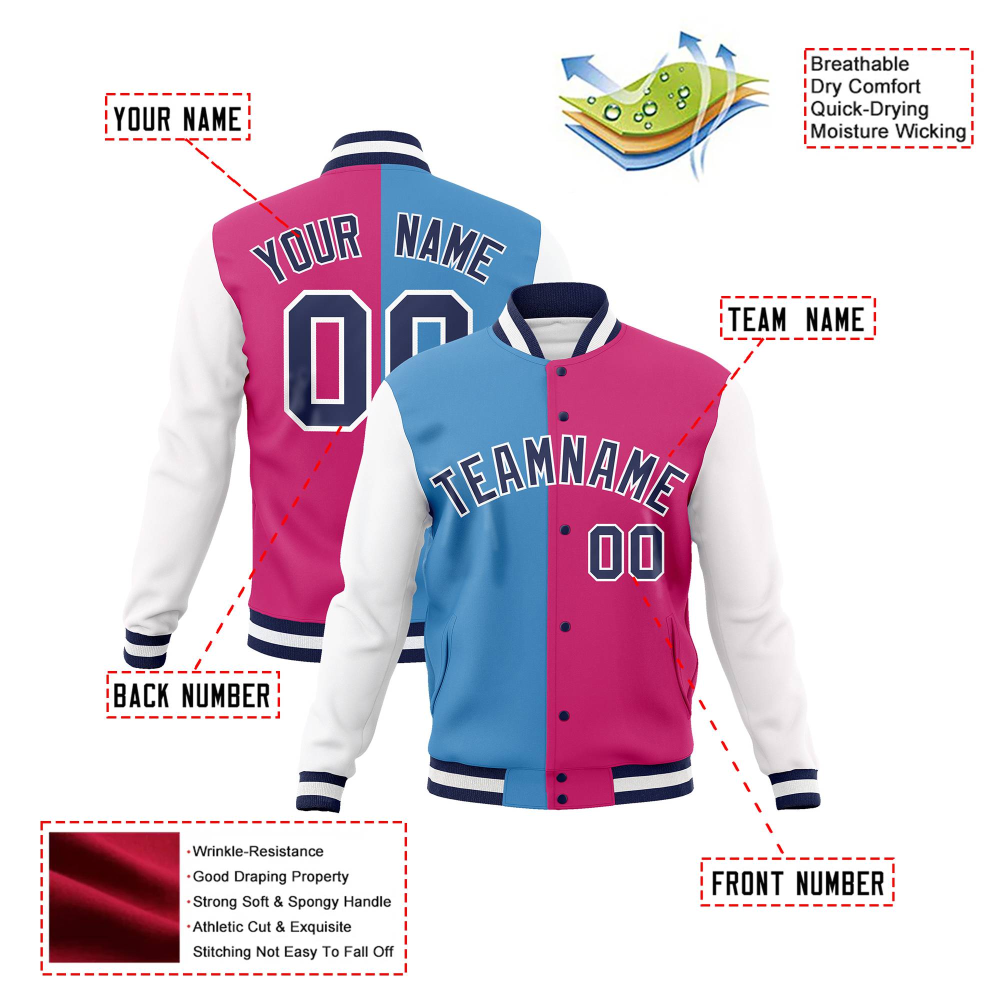 Custom Light-Blue Pink Navy-White Bomber Full-Snap Varsity Letterman Split Fashion Jacket