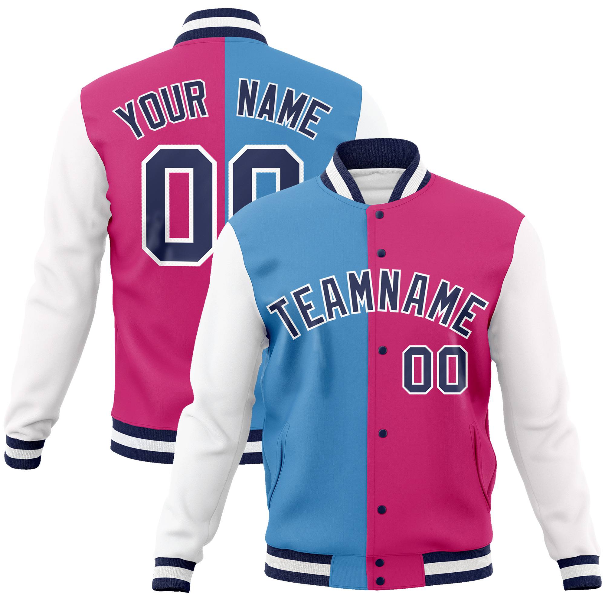 Custom Light-Blue Pink Navy-White Bomber Full-Snap Varsity Letterman Split Fashion Jacket