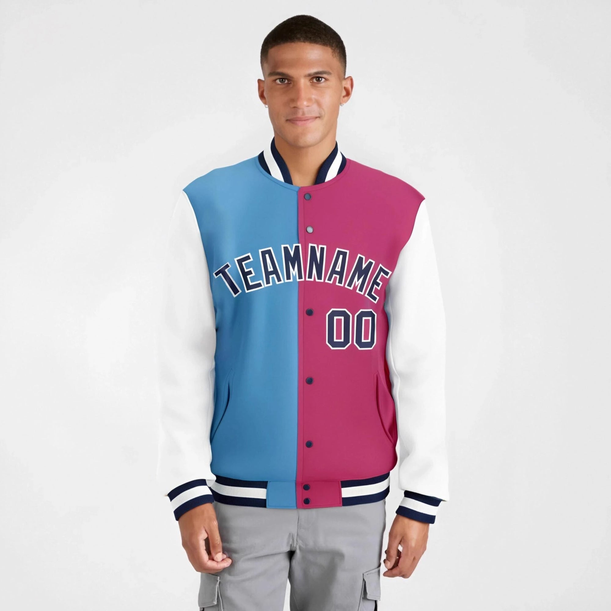 Custom Light-Blue Pink Navy-White Bomber Full-Snap Varsity Letterman Split Fashion Jacket