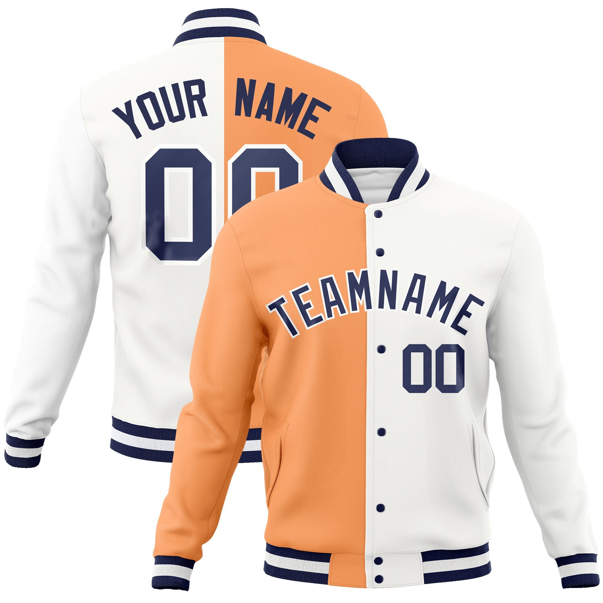 Custom Pink White Navy Bomber Full-Snap Varsity Letterman Split Fashion Jacket