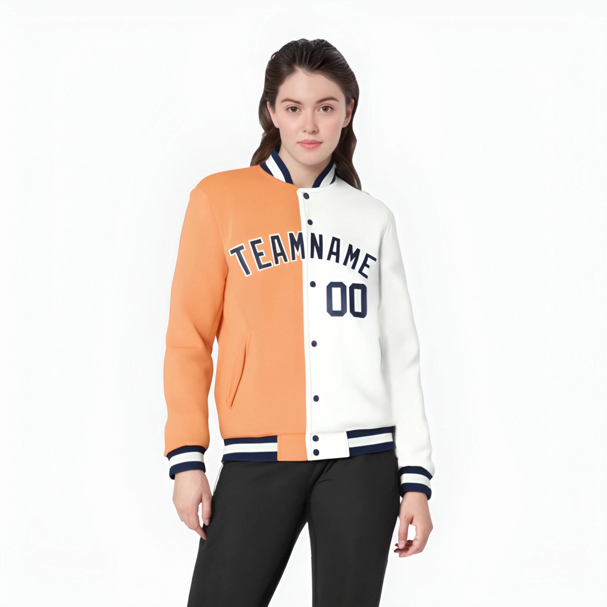 Custom Pink White Navy Bomber Full-Snap Varsity Letterman Split Fashion Jacket