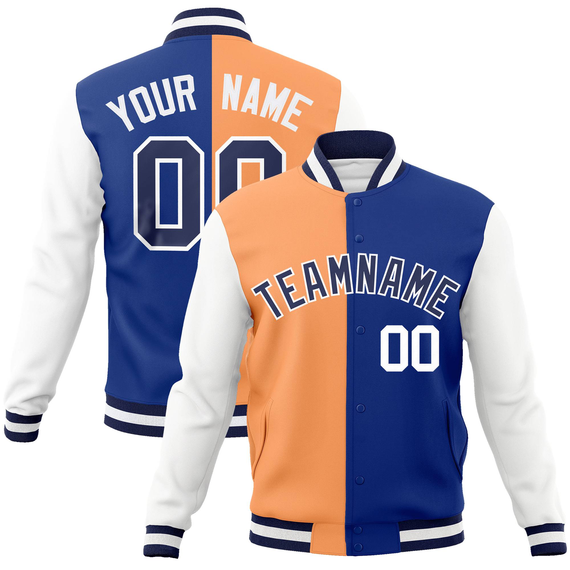 Custom Orange Purple White Bomber Full-Snap Varsity Letterman Split Fashion Jacket