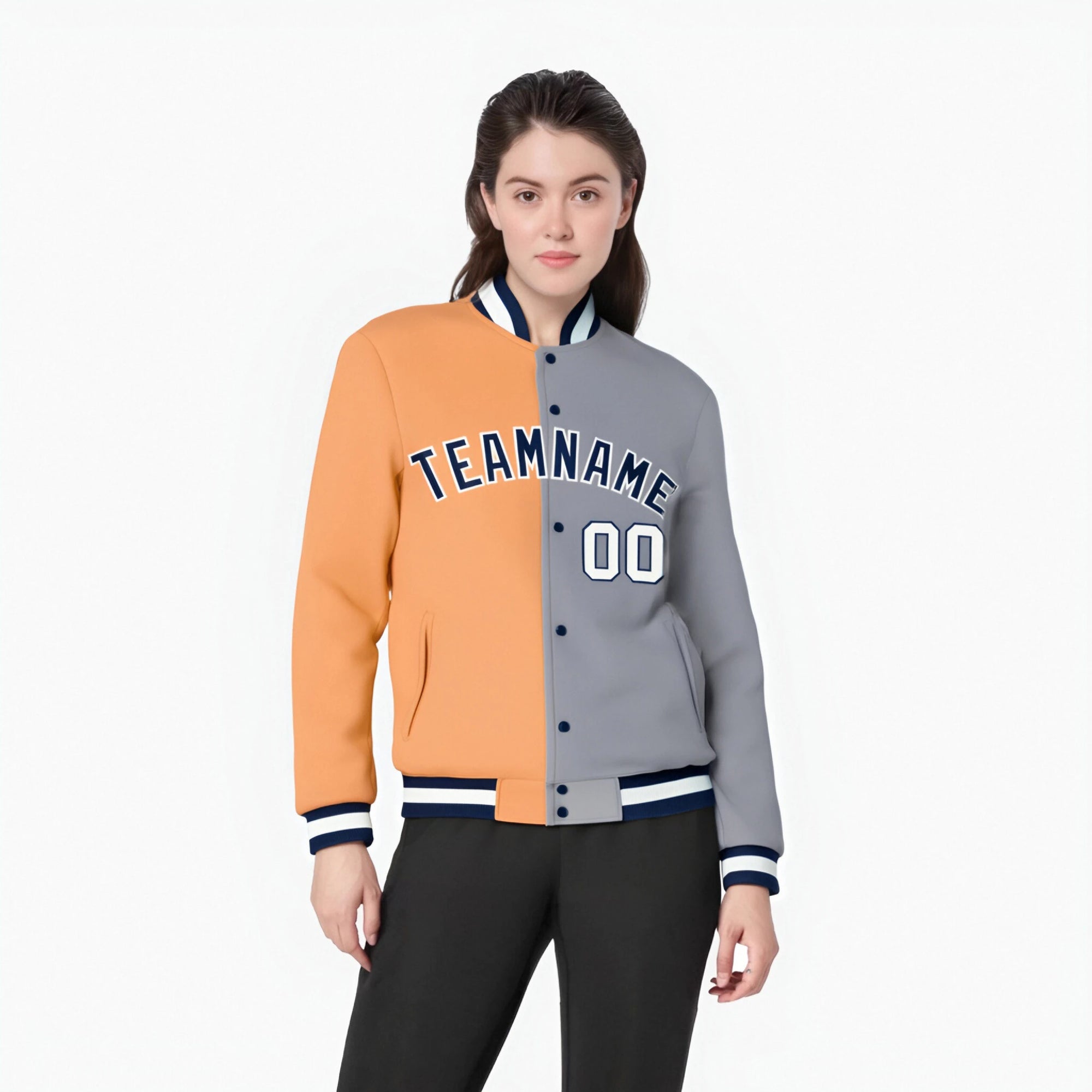 Custom Orange Gray White Bomber Full-Snap Varsity Letterman Split Fashion Jacket