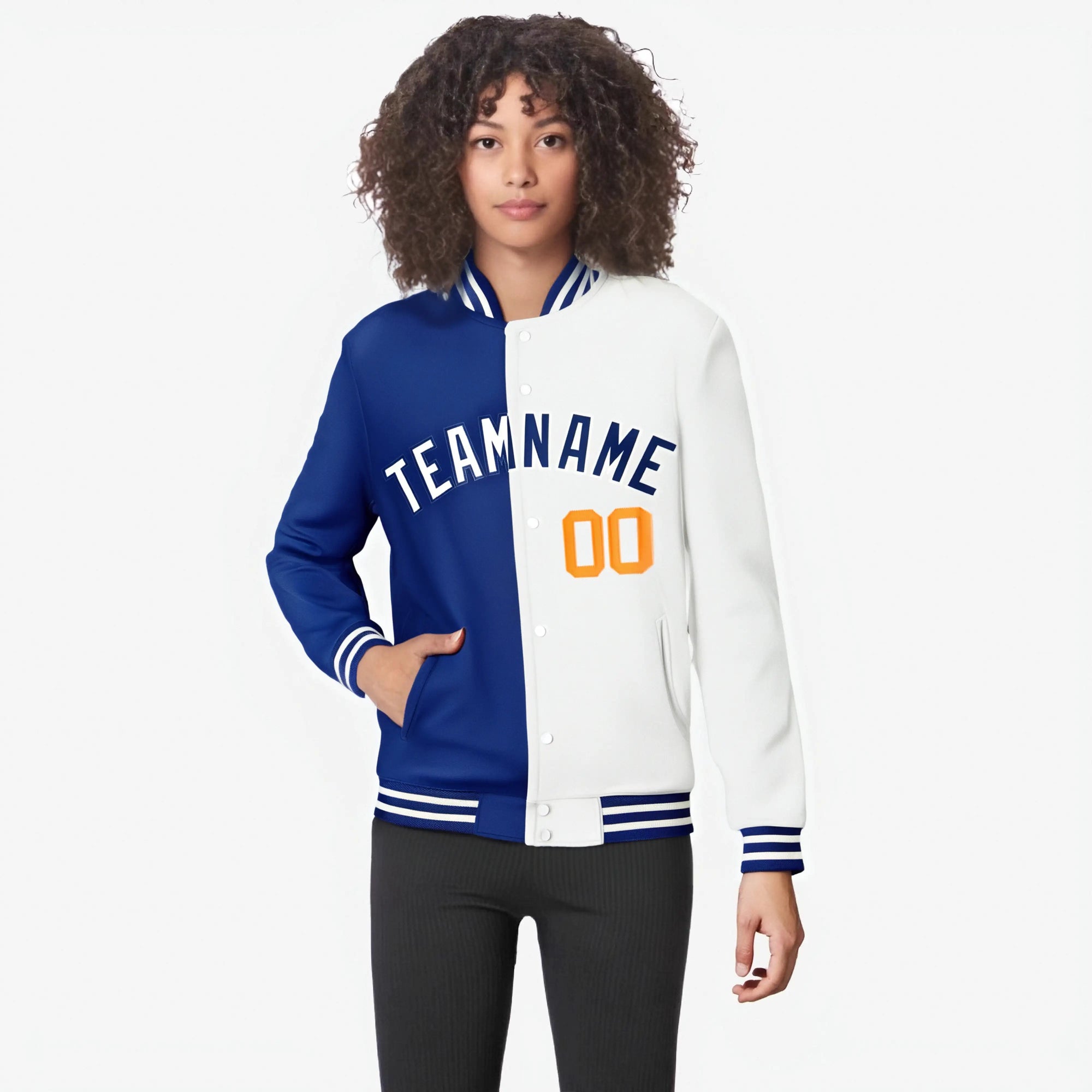 Custom Thunder-Blue Orange White Bomber Full-Snap Varsity Letterman Split Fashion Jacket