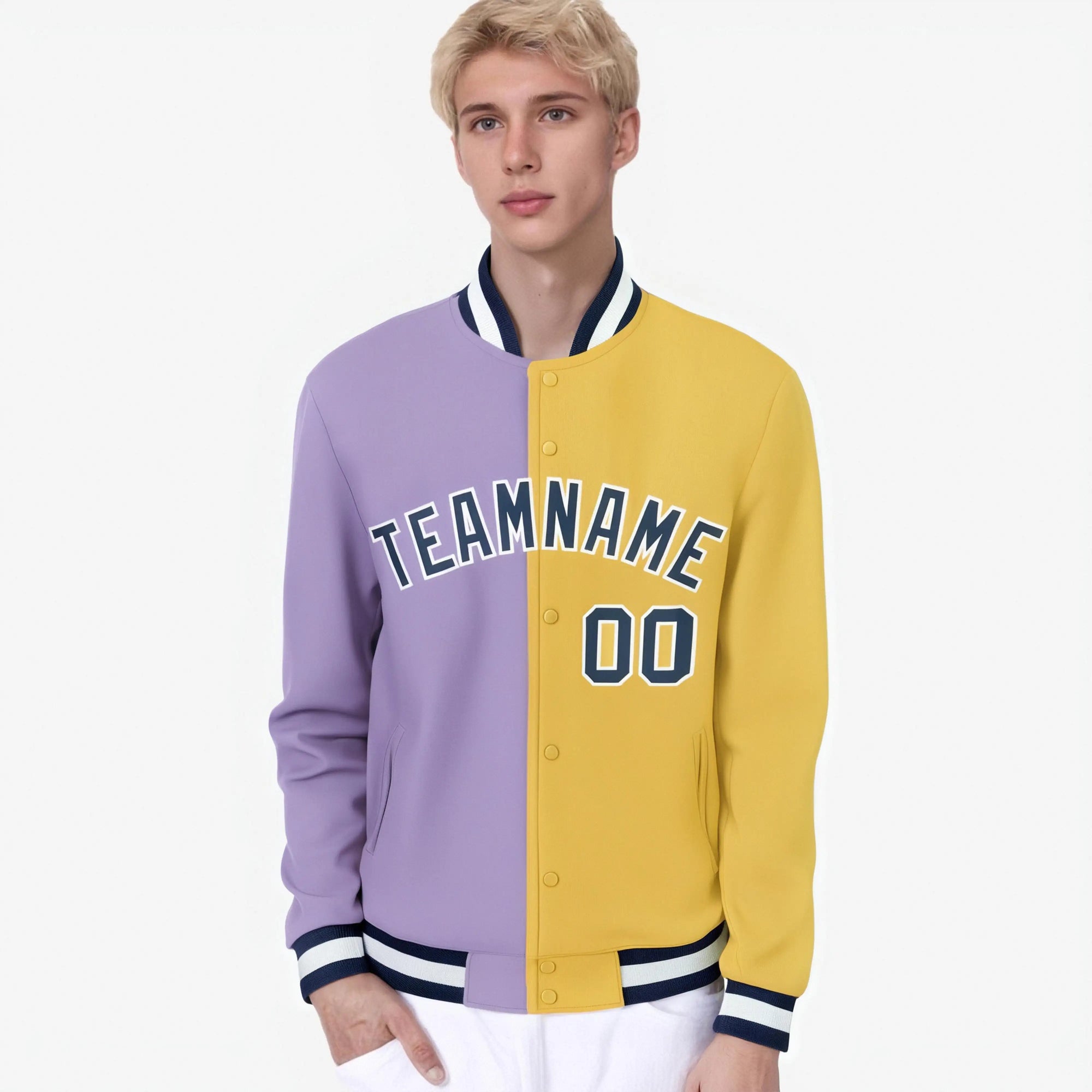 Custom Light-Purple Yellow Bomber Full-Snap Varsity Letterman Split Fashion Jacket