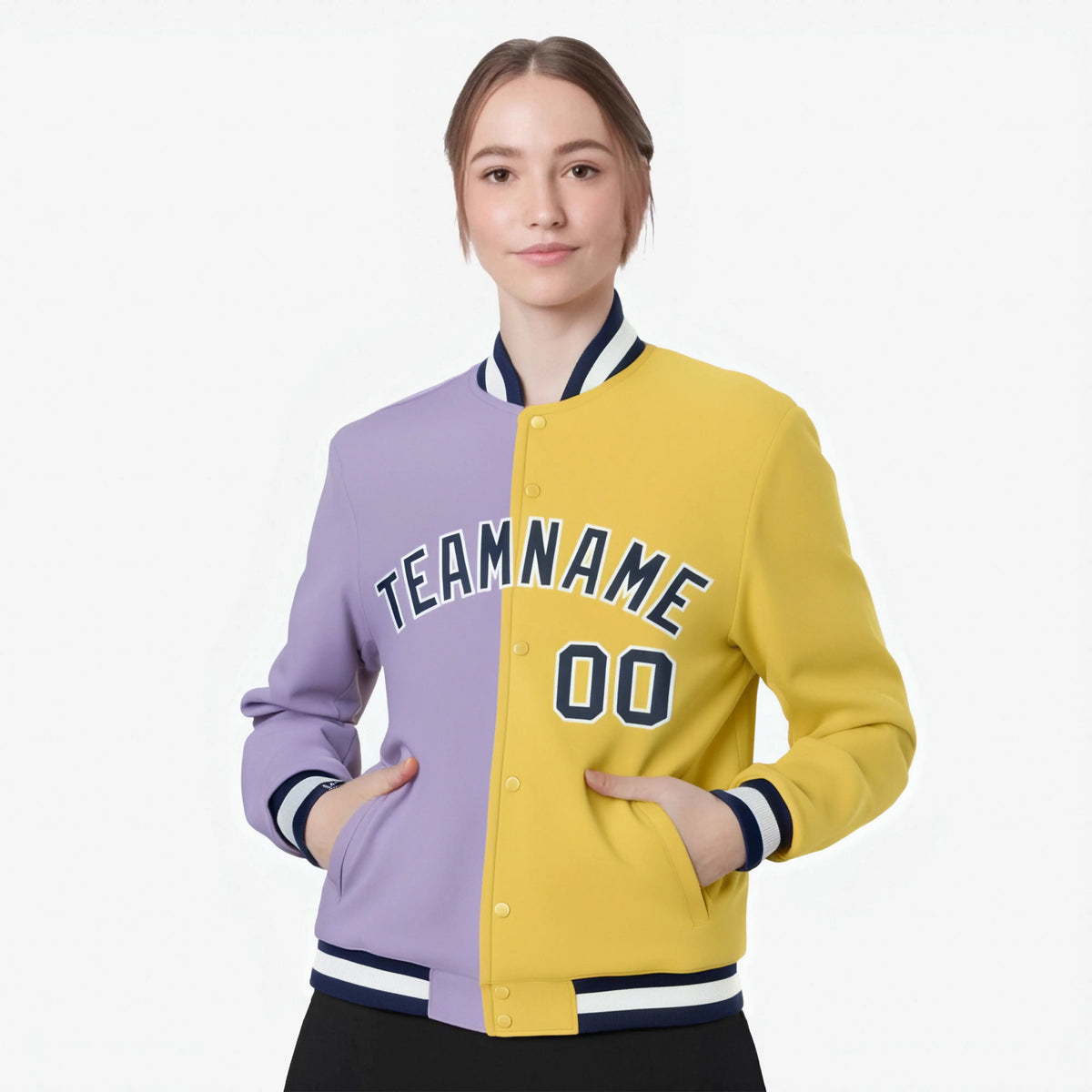 Custom Light-Purple Yellow Bomber Full-Snap Varsity Letterman Split Fashion Jacket