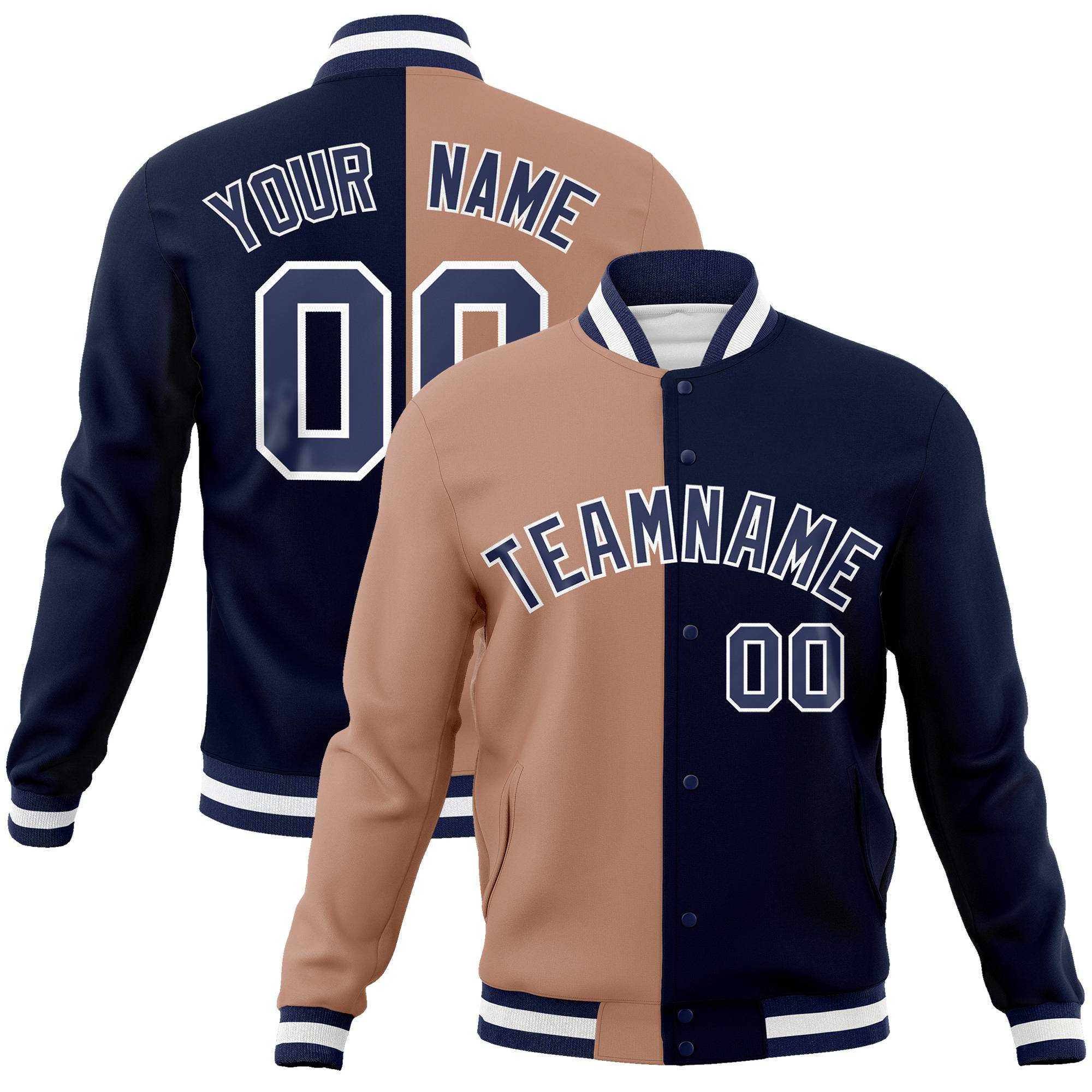 Custom Brown Navy Bomber Full-Snap Varsity Letterman Split Fashion Jacket