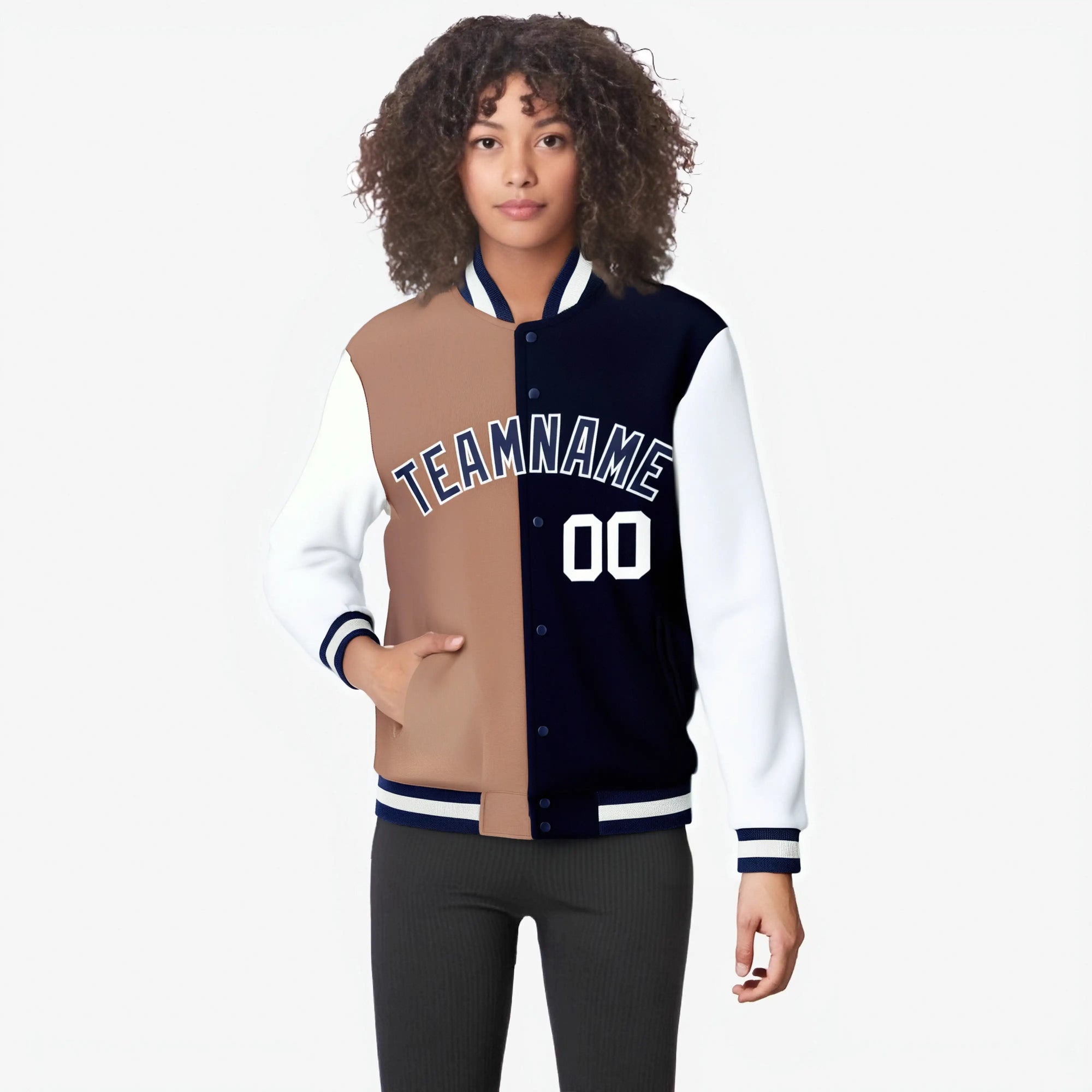 Custom Brown Navy-White Bomber Full-Snap Varsity Letterman Split Fashion Jacket