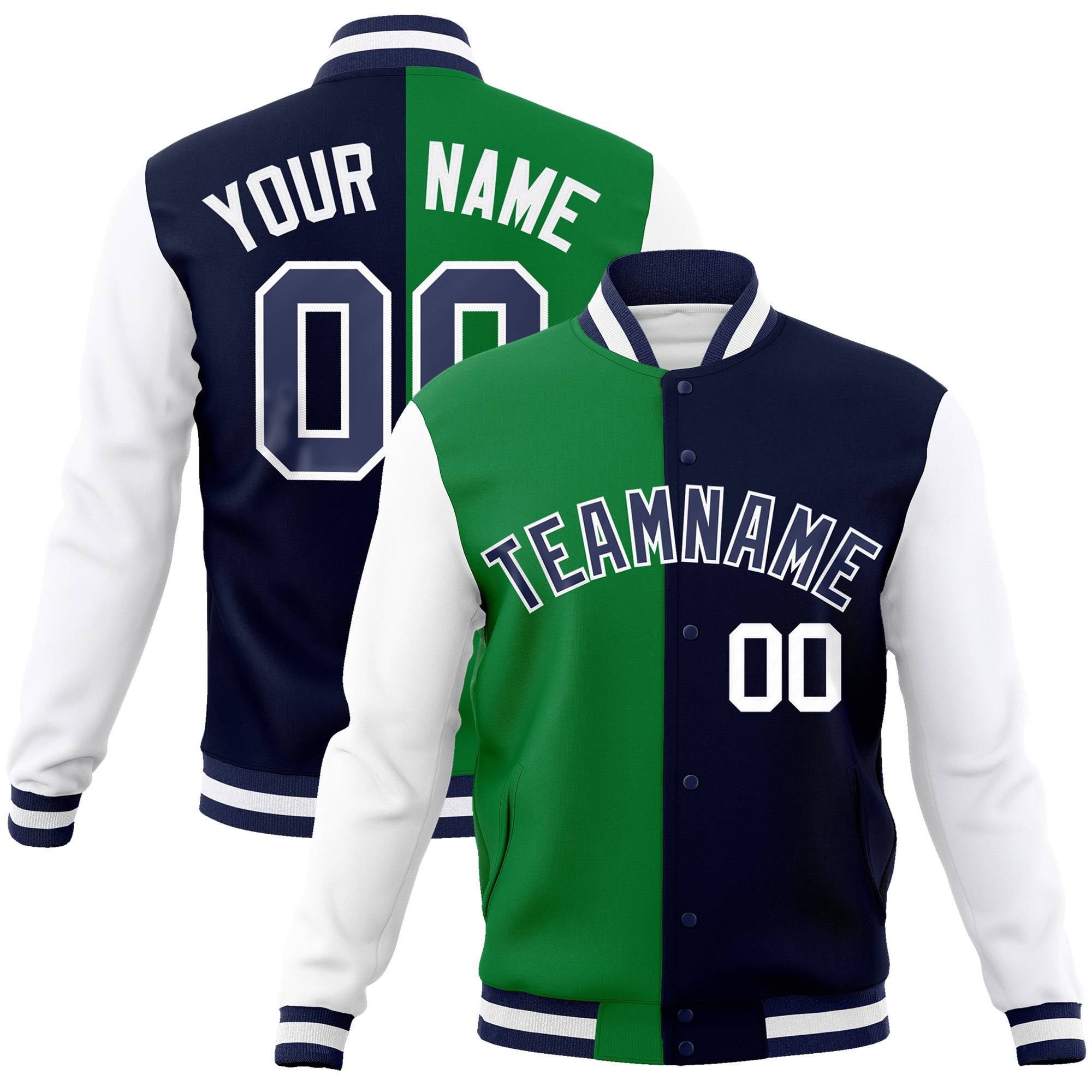 Custom Kelly Green Navy-White Bomber Full-Snap Varsity Letterman Split Fashion Jacket