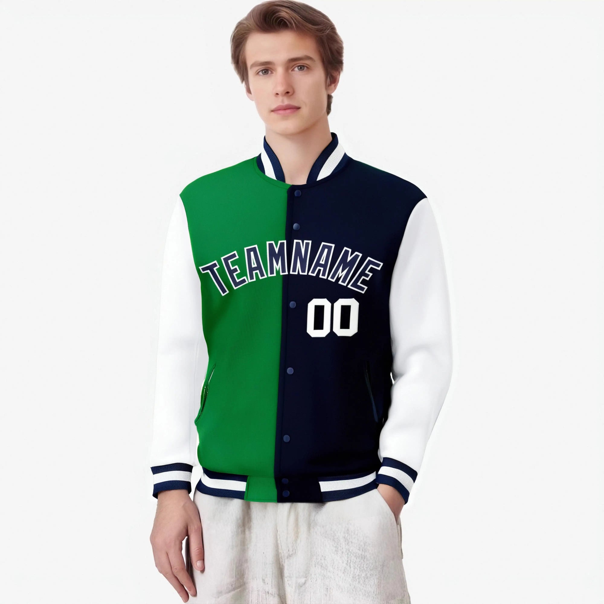 Custom Kelly Green Navy-White Bomber Full-Snap Varsity Letterman Split Fashion Jacket