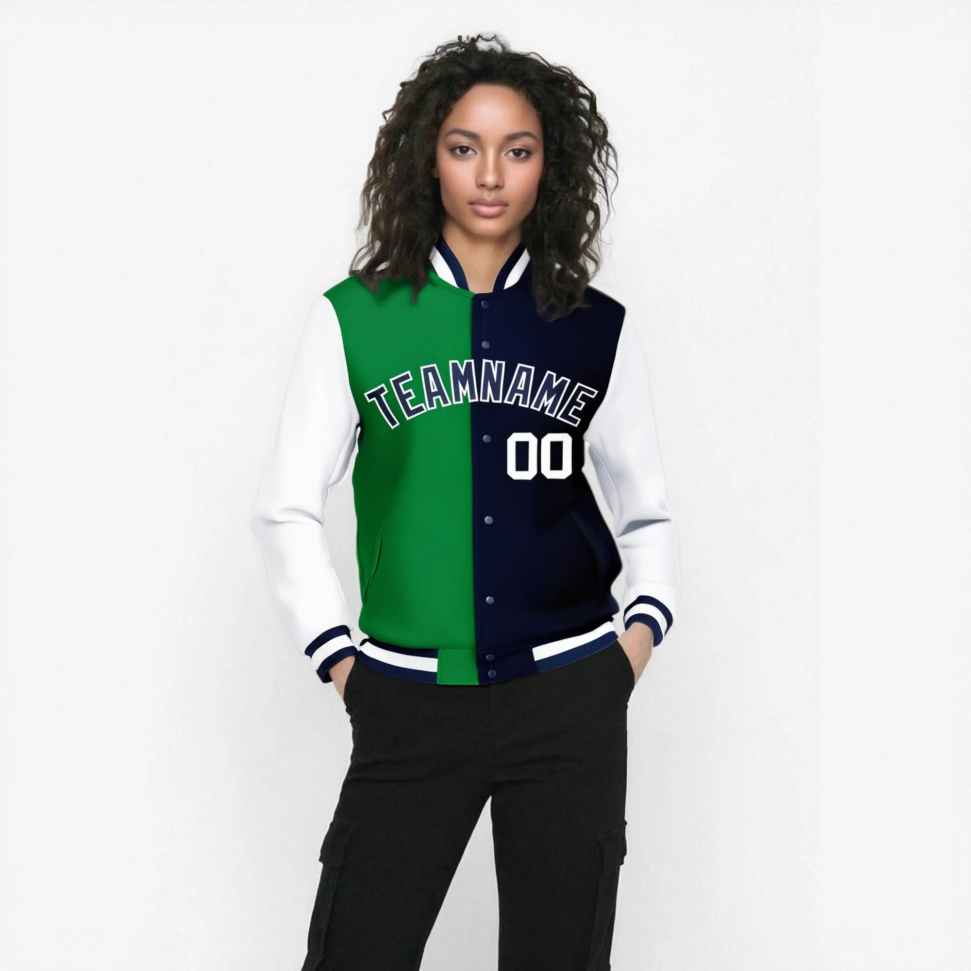 Custom Kelly Green Navy-White Bomber Full-Snap Varsity Letterman Split Fashion Jacket