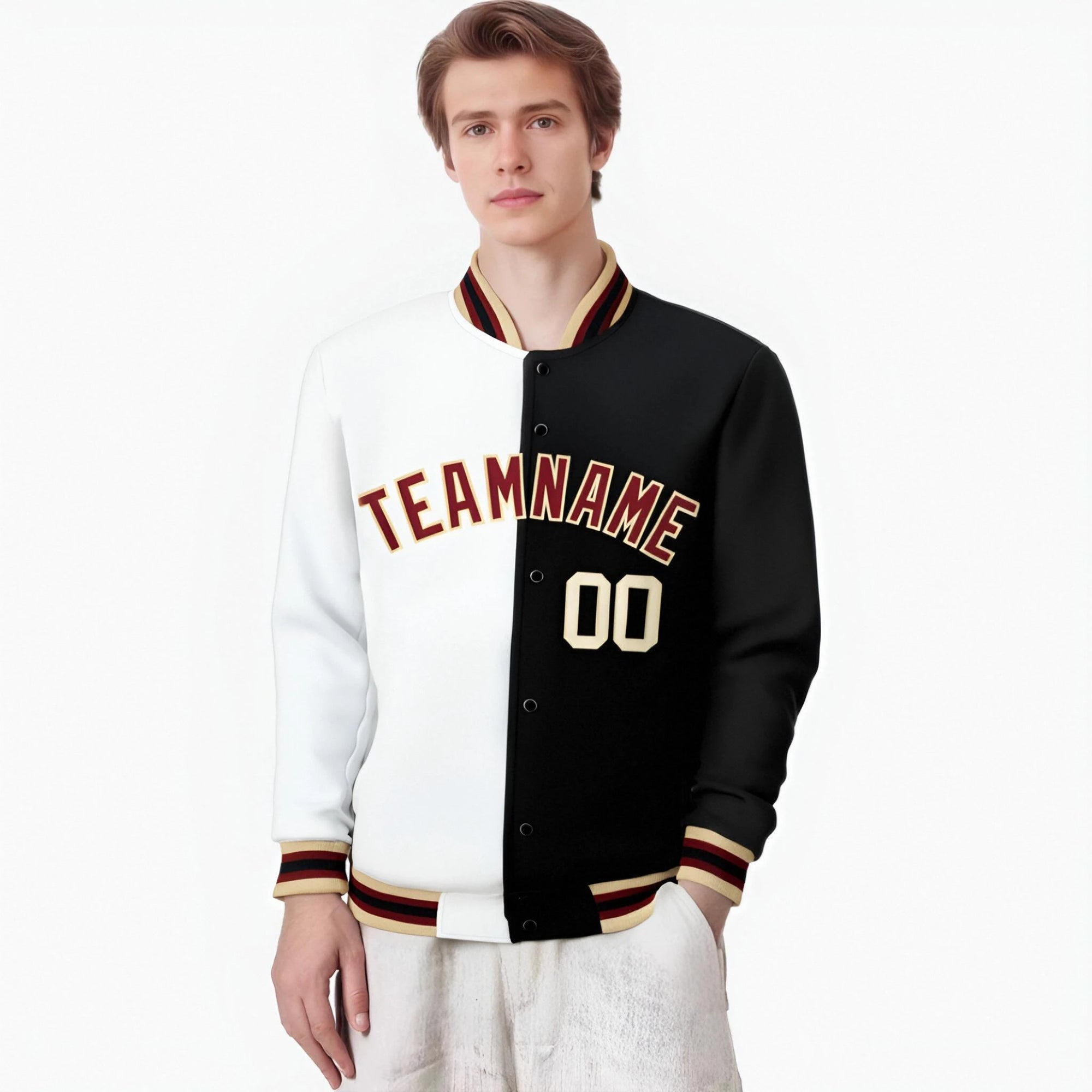 Custom White Black Burgundy Bomber Full-Snap Varsity Letterman Split Fashion Jacket