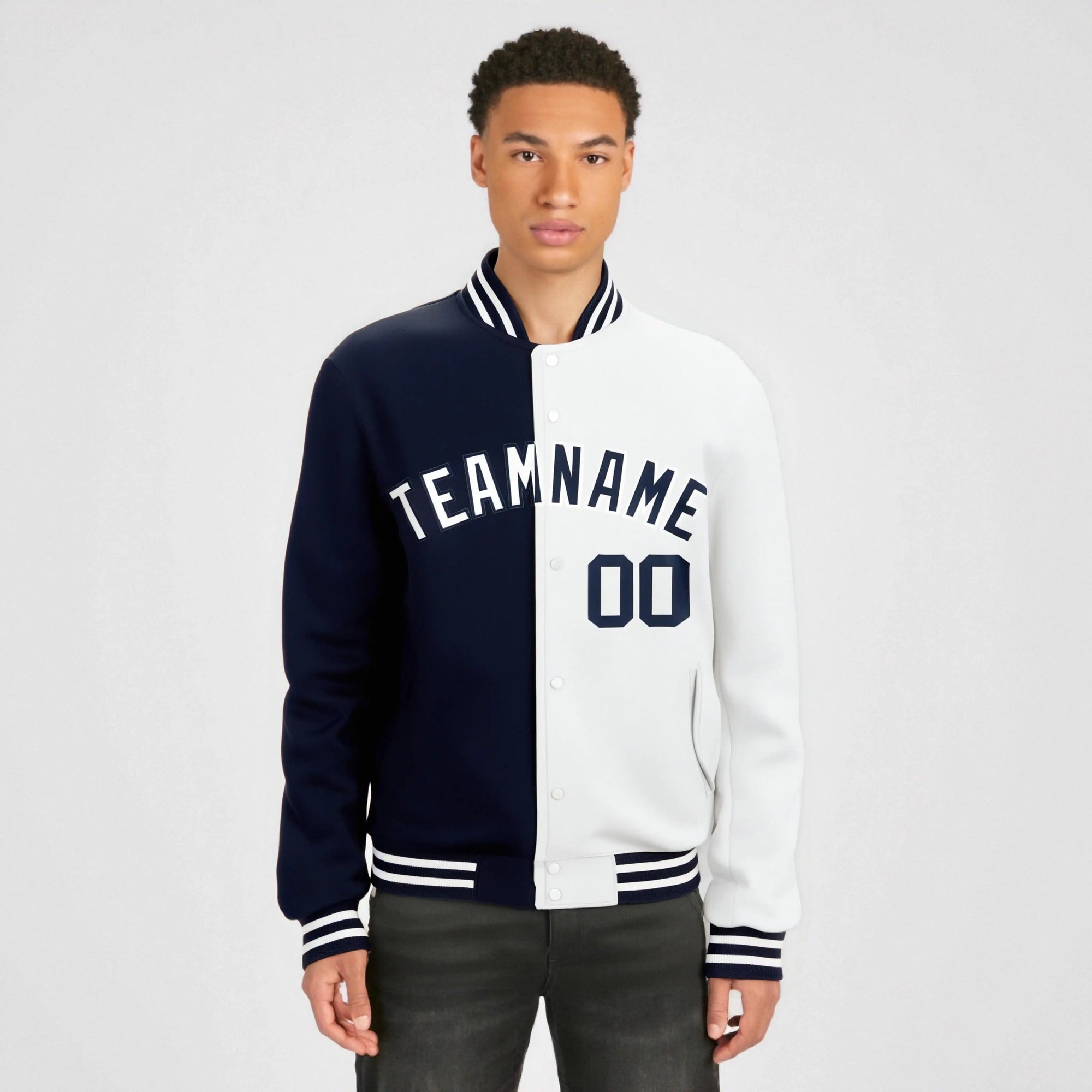 Custom Navy-White Bomber Full-Snap Varsity Letterman Split Fashion Jacket