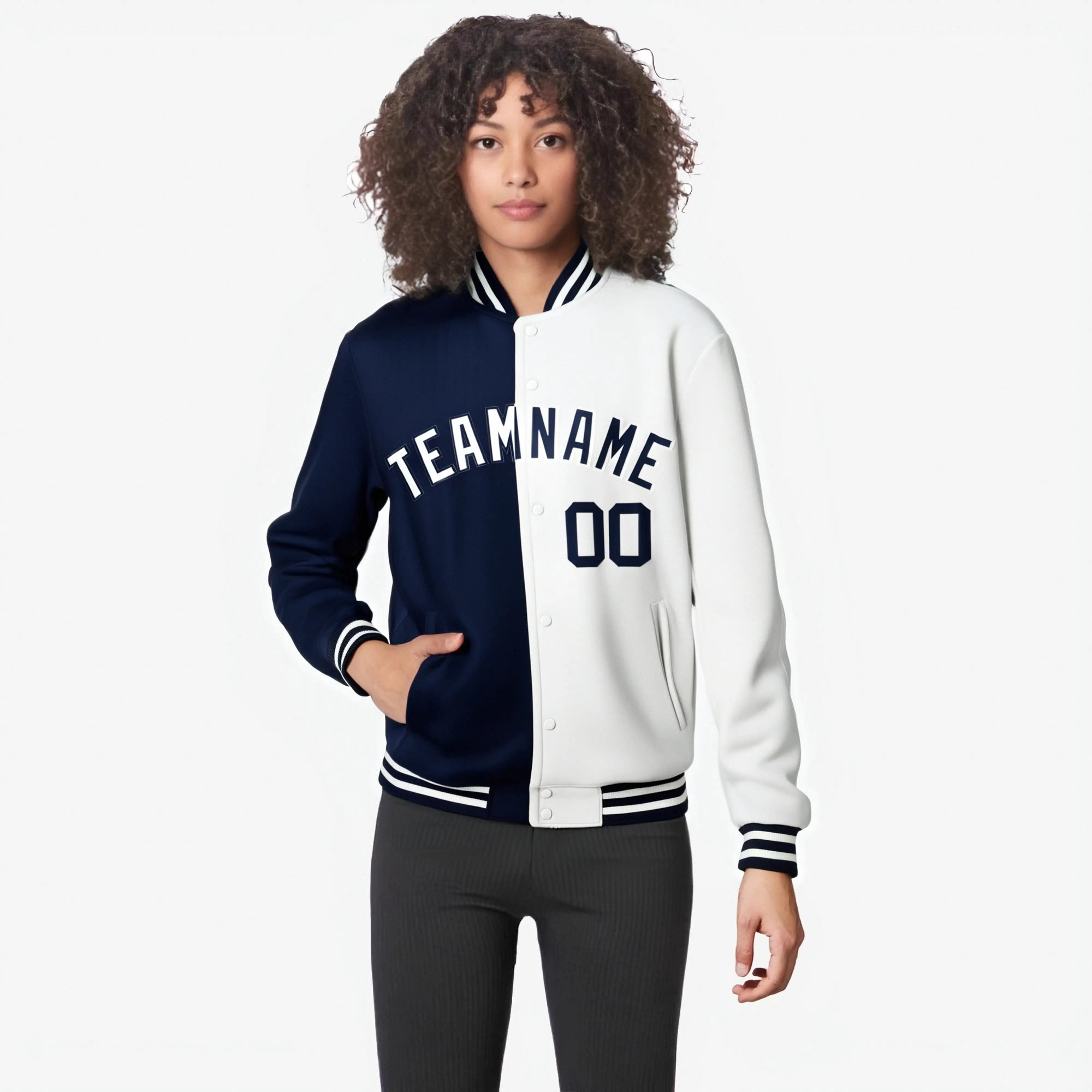 Custom Navy-White Bomber Full-Snap Varsity Letterman Split Fashion Jacket