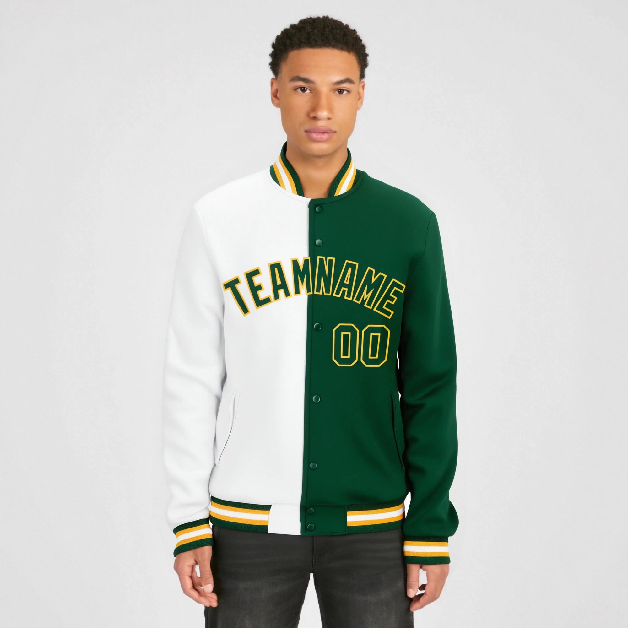 Custom White Gold Kelly-Green Bomber Full-Snap Varsity Letterman Split Fashion Jacket