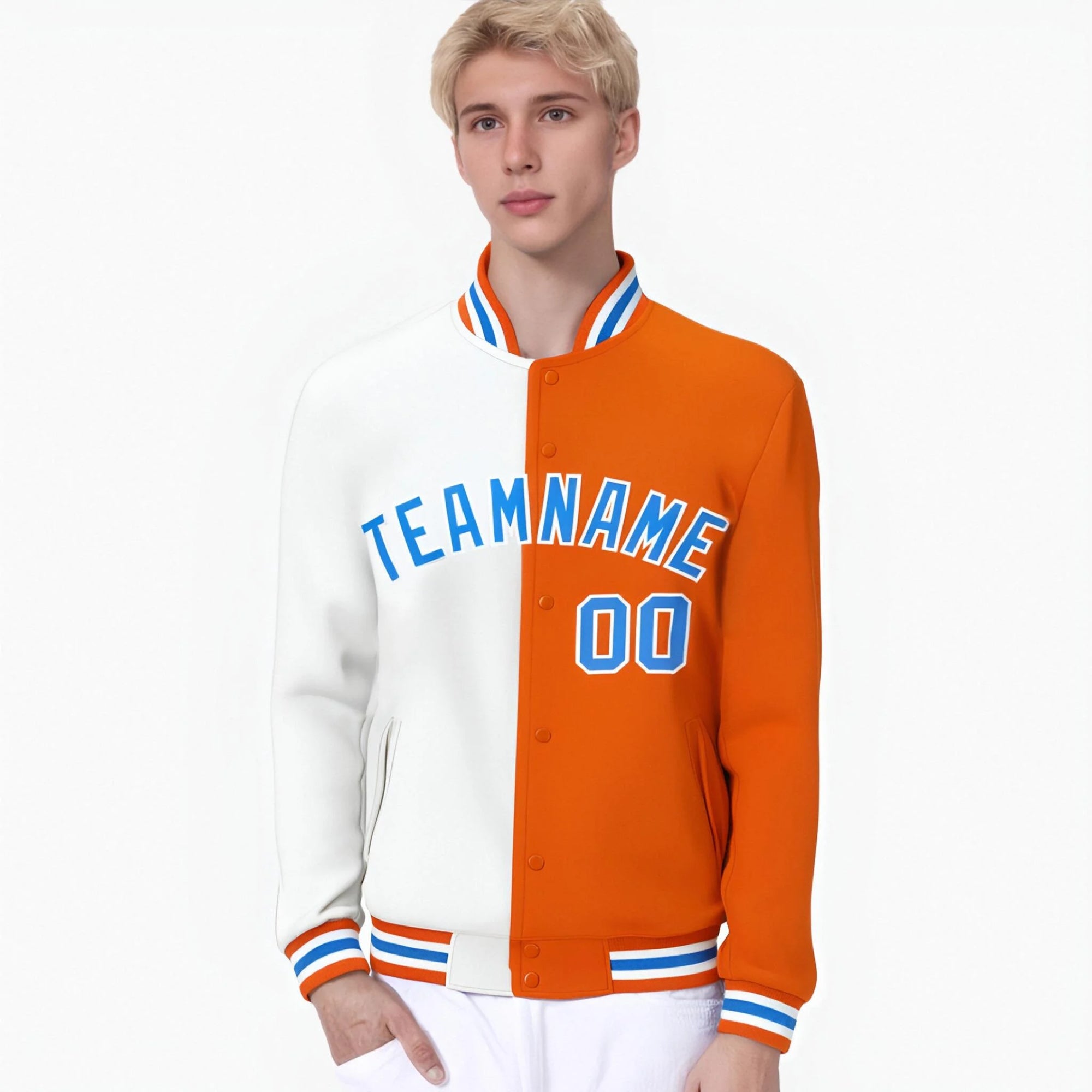 Custom White Light-Blue Orange Bomber Full-Snap Varsity Letterman Split Fashion Jacket