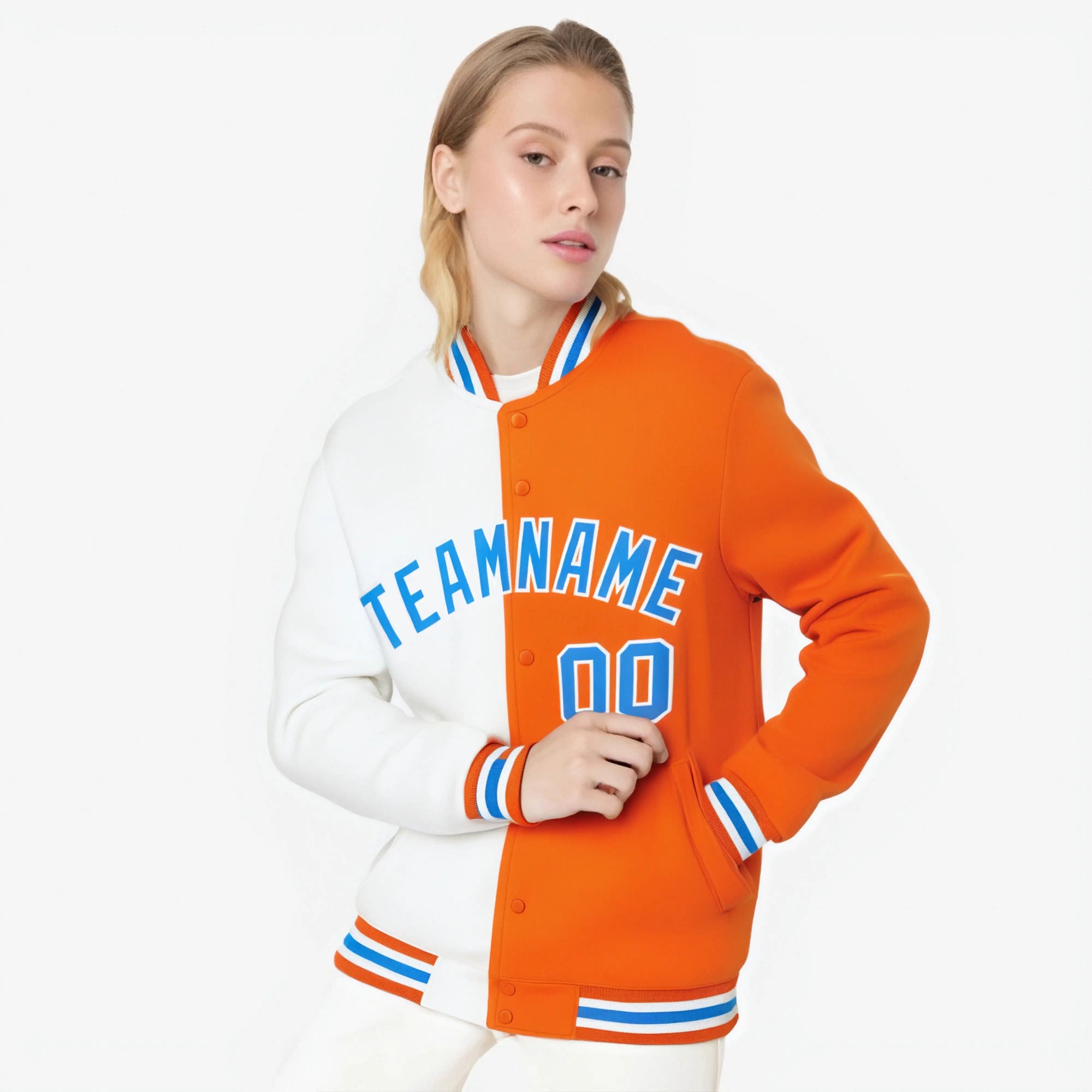 Custom White Light-Blue Orange Bomber Full-Snap Varsity Letterman Split Fashion Jacket