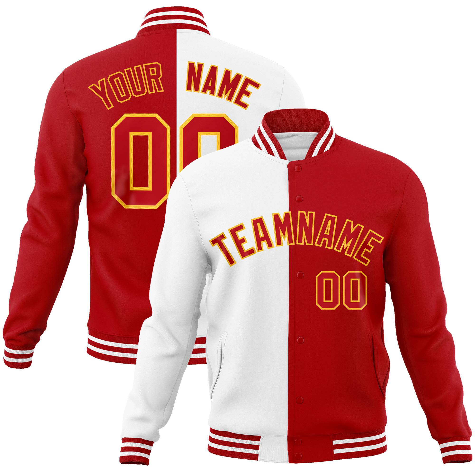 Custom White Gold Royal-Red Bomber Full-Snap Varsity Letterman Split Fashion Jacket