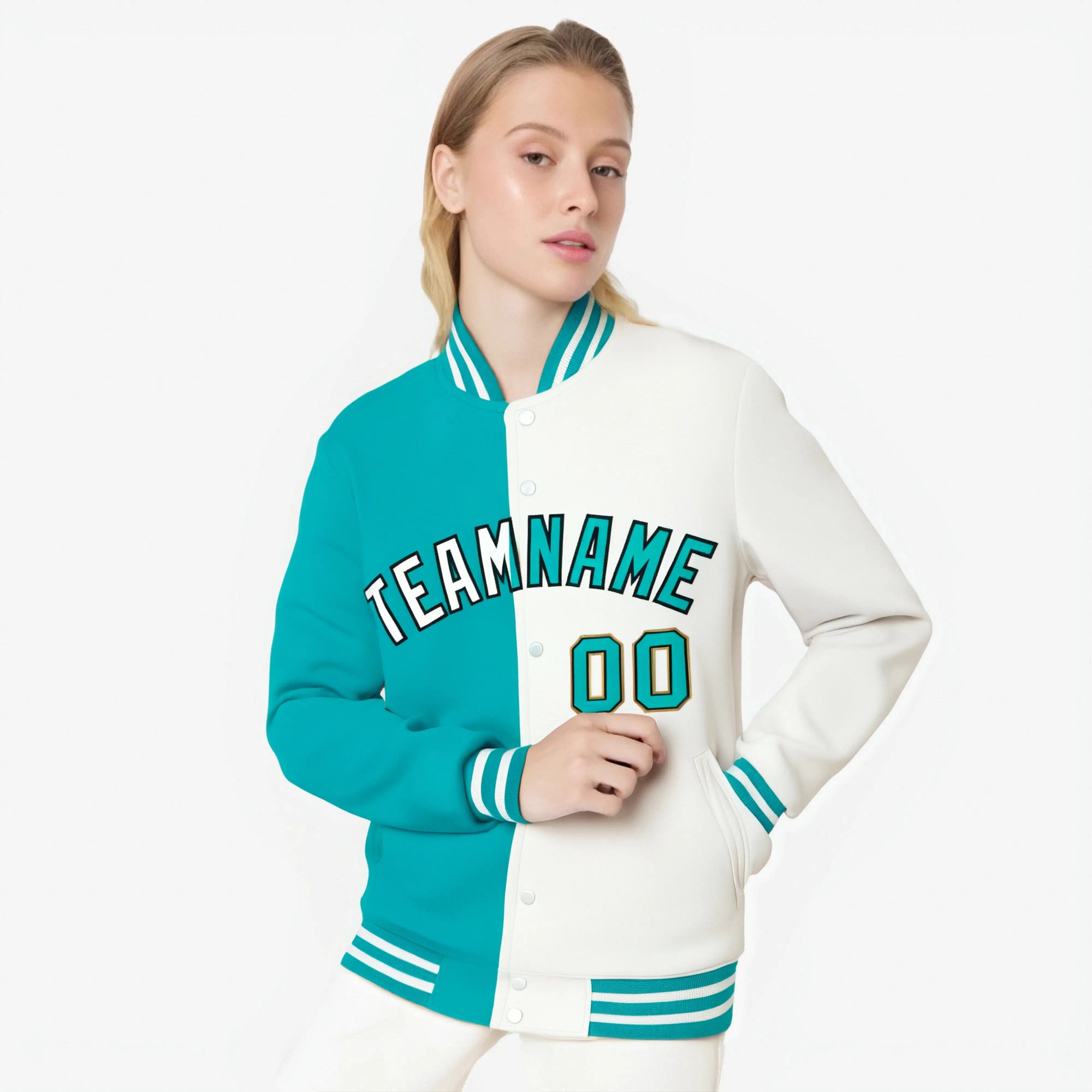 Custom Aqua Black White Bomber Full-Snap Varsity Letterman Split Fashion Jacket