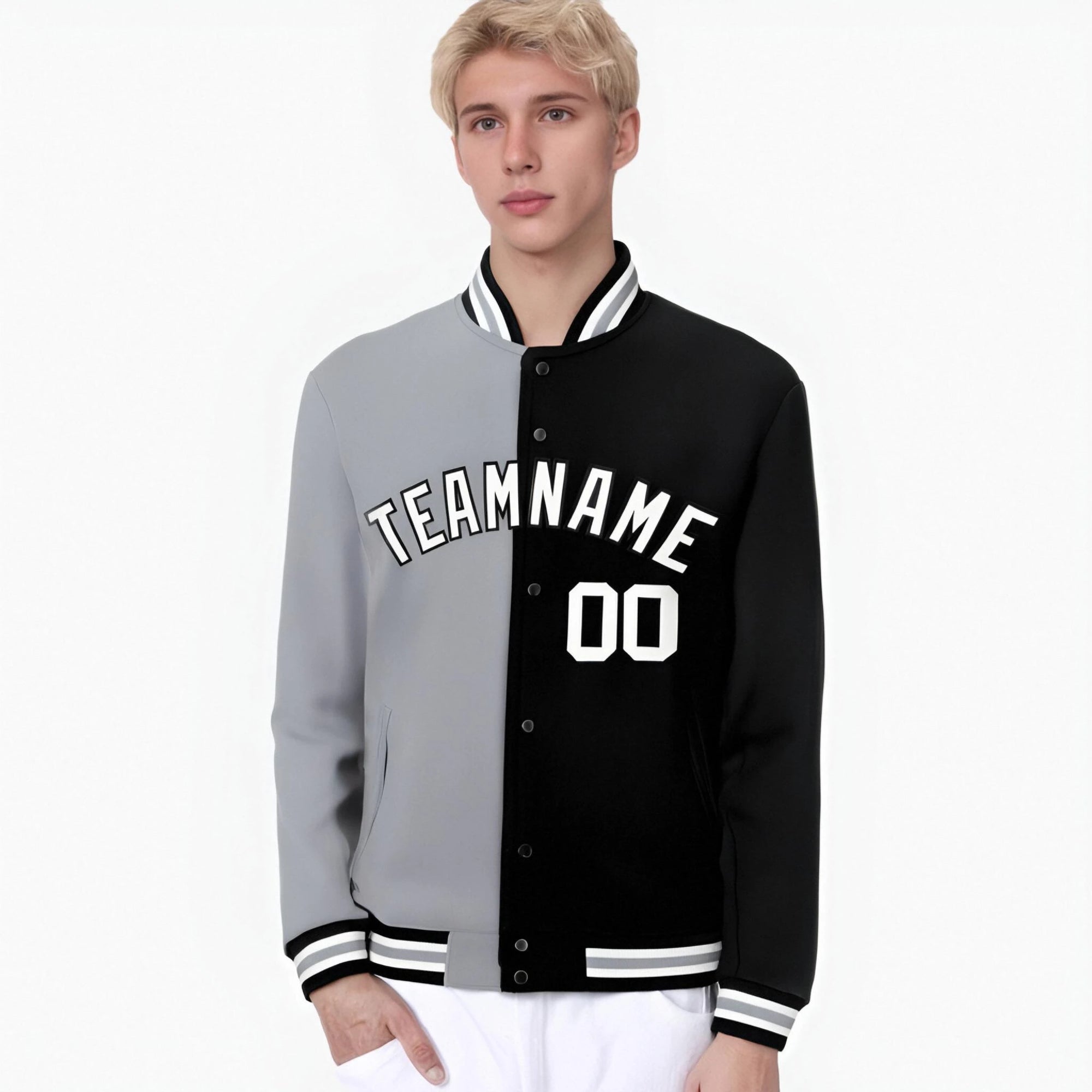 Custom Gray Black White Bomber Full-Snap Varsity Letterman Split Fashion Jacket