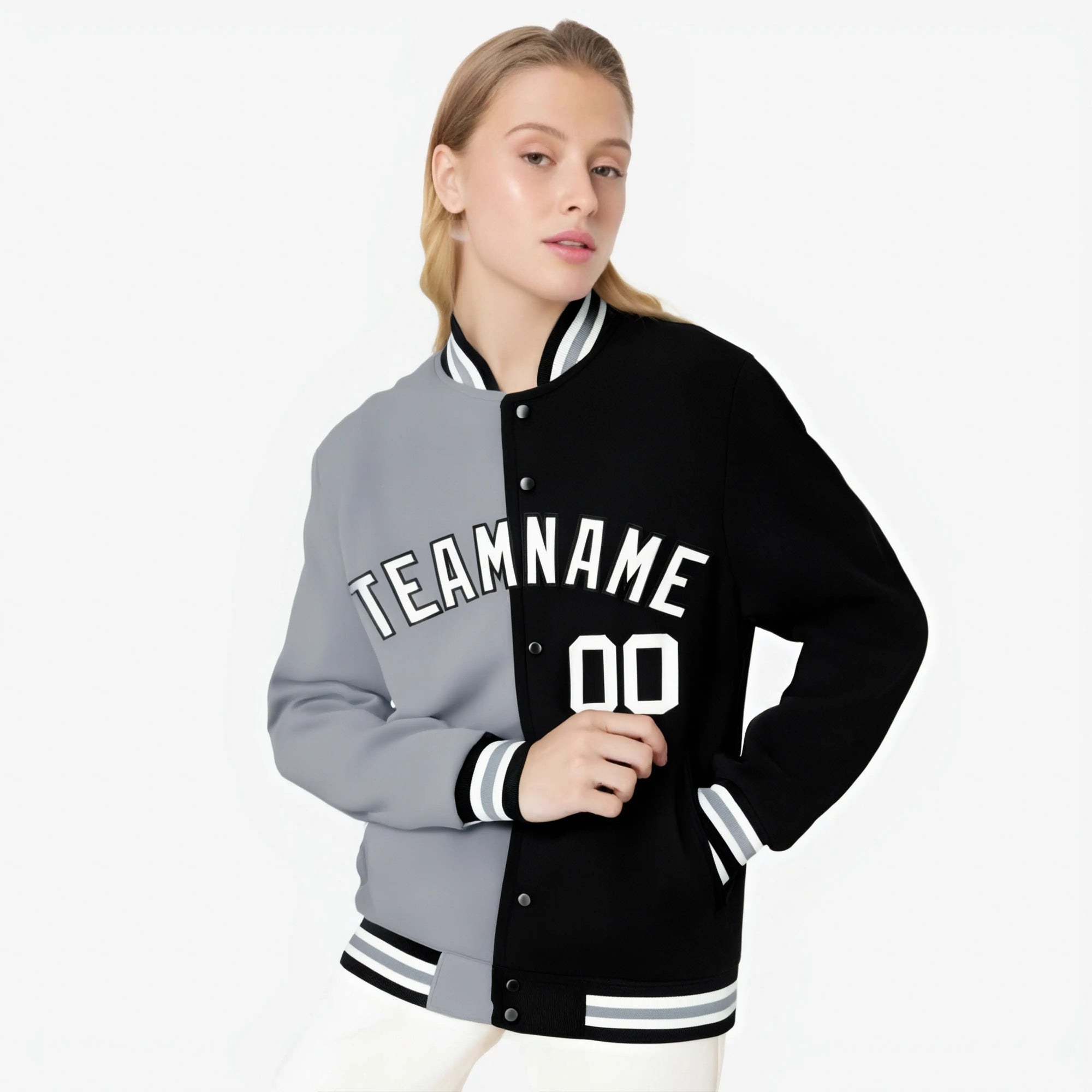 Custom Gray Black White Bomber Full-Snap Varsity Letterman Split Fashion Jacket