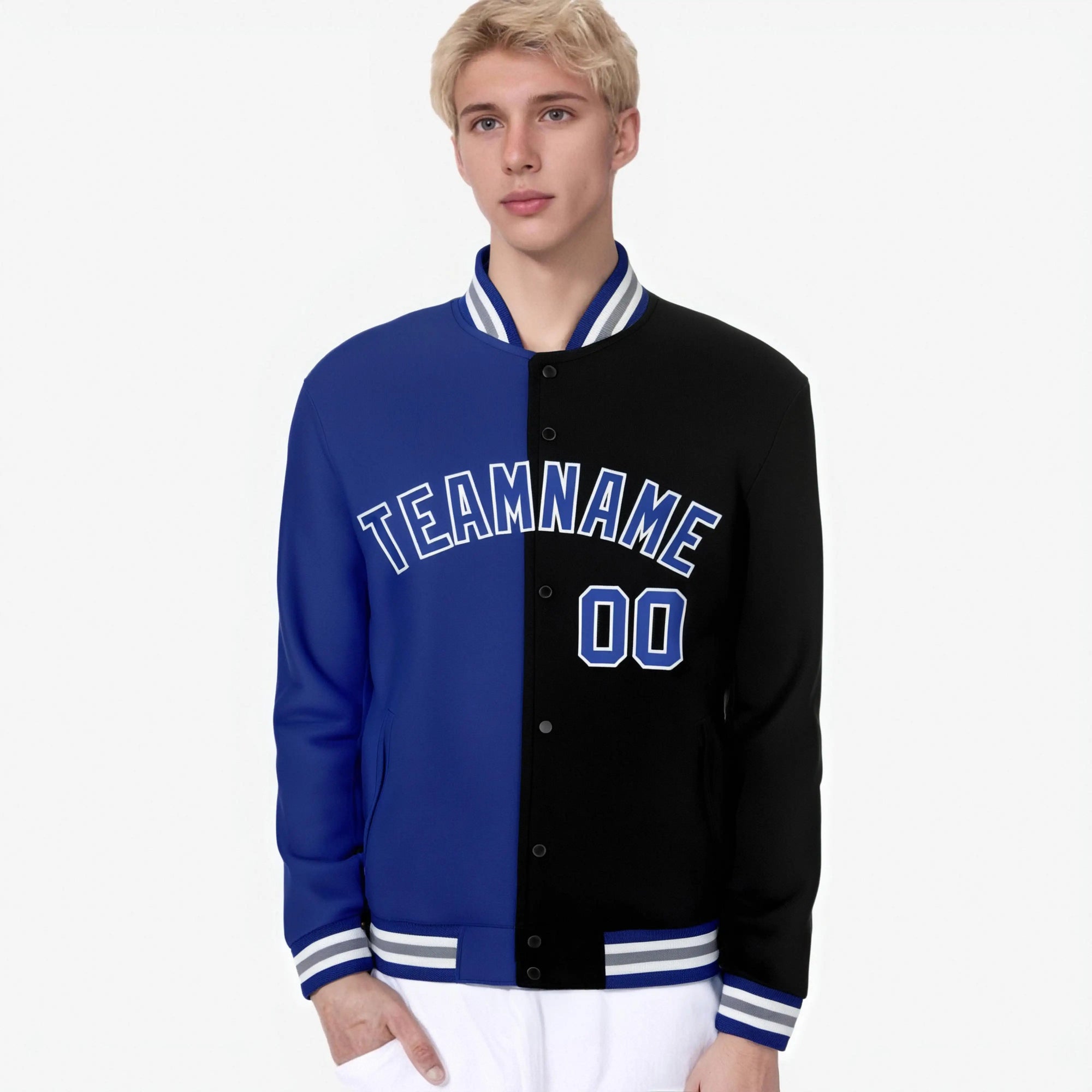 Custom Thunder-Blue Gray Black Bomber Full-Snap Varsity Letterman Split Fashion Jacket