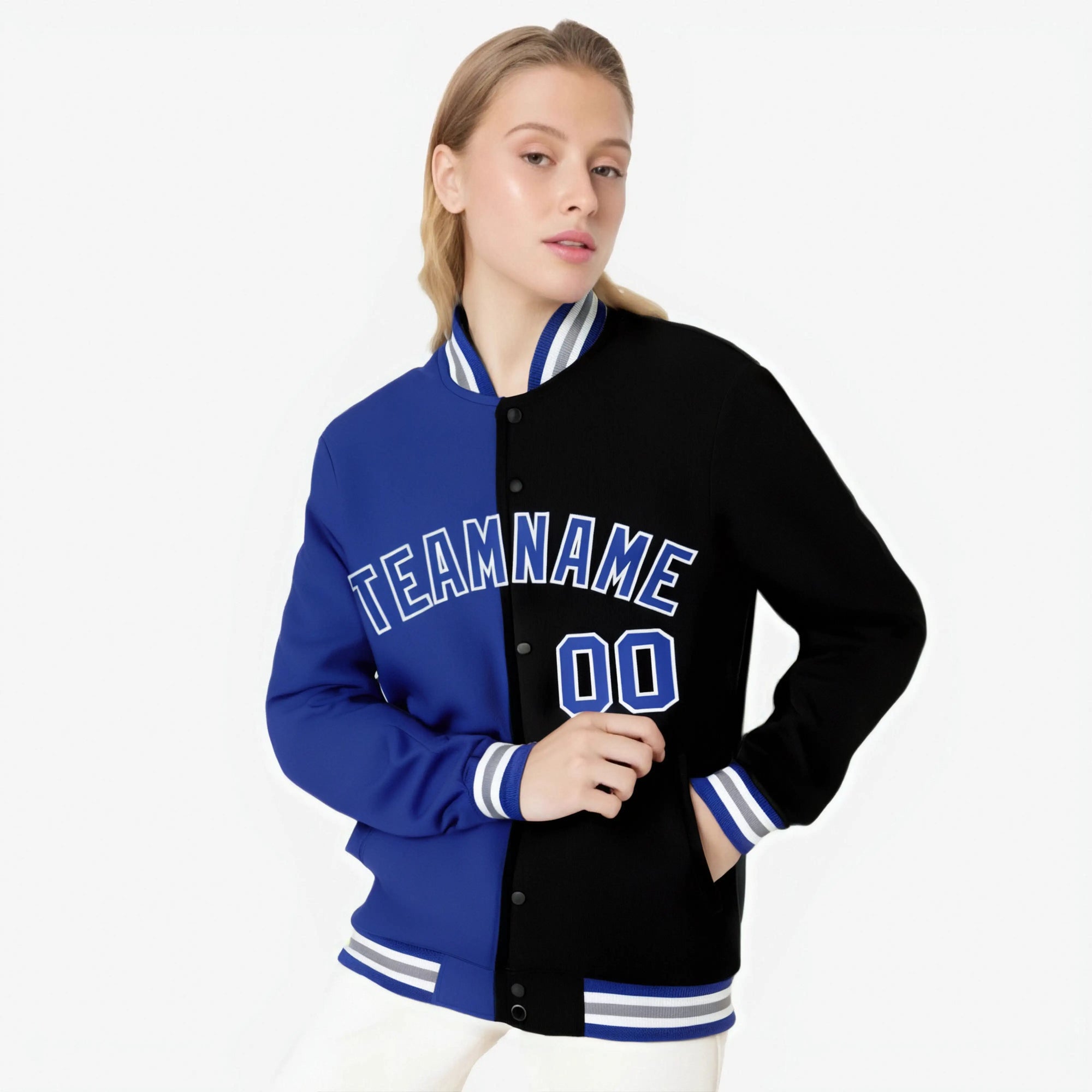 Custom Thunder-Blue Gray Black Bomber Full-Snap Varsity Letterman Split Fashion Jacket