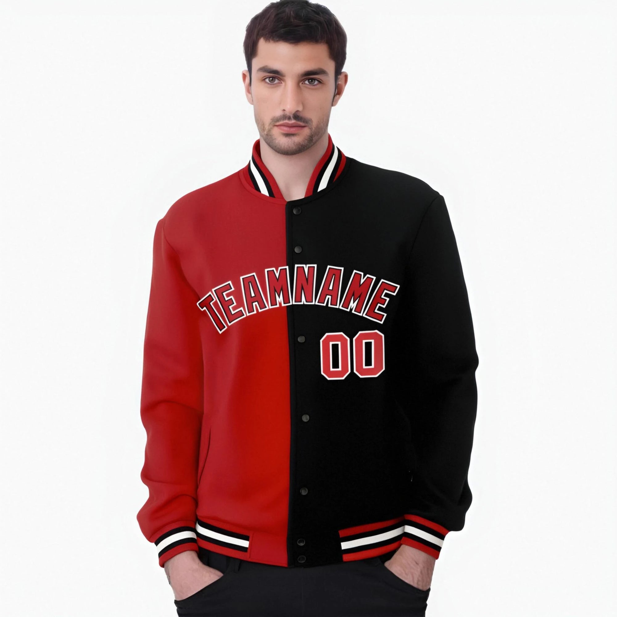 Custom Royal-Red White Black Bomber Full-Snap Varsity Letterman Split Fashion Jacket