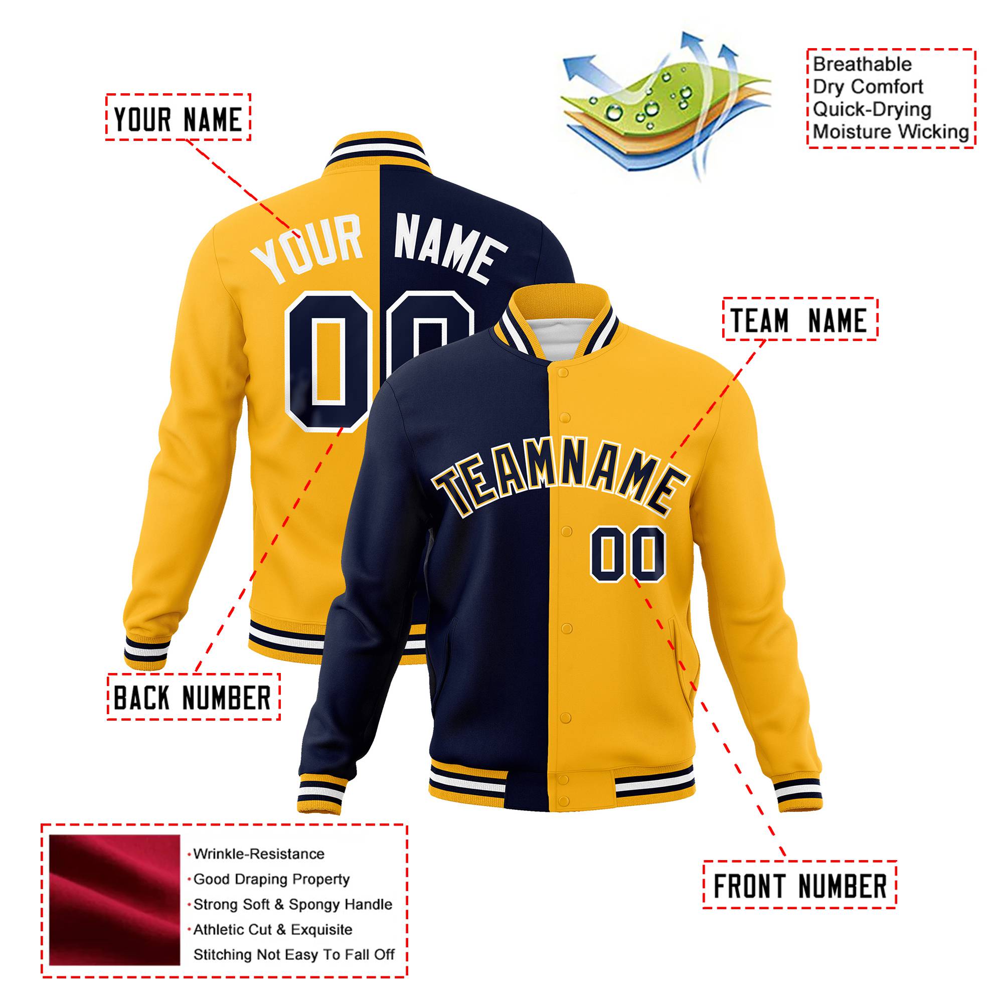 Custom Navy White Yellow Bomber Full-Snap Varsity Letterman Split Fashion Jacket