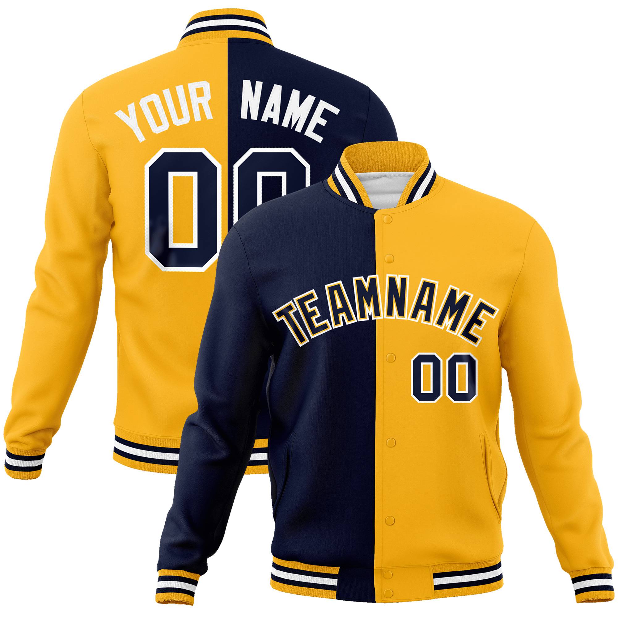 Custom Navy White Yellow Bomber Full-Snap Varsity Letterman Split Fashion Jacket