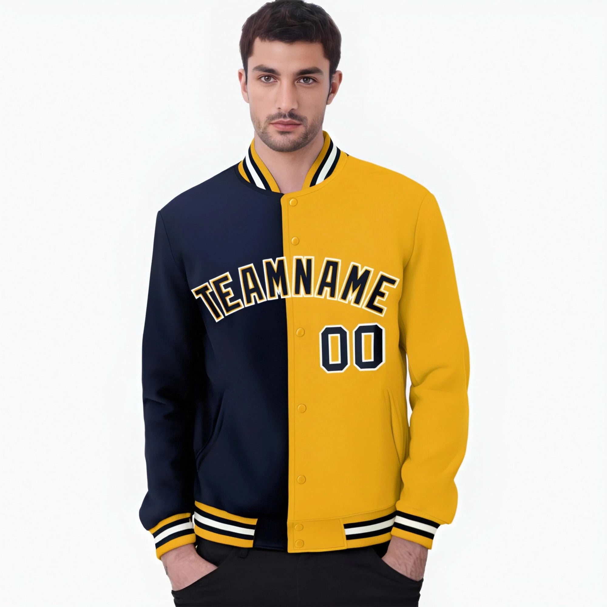 Custom Navy White Yellow Bomber Full-Snap Varsity Letterman Split Fashion Jacket