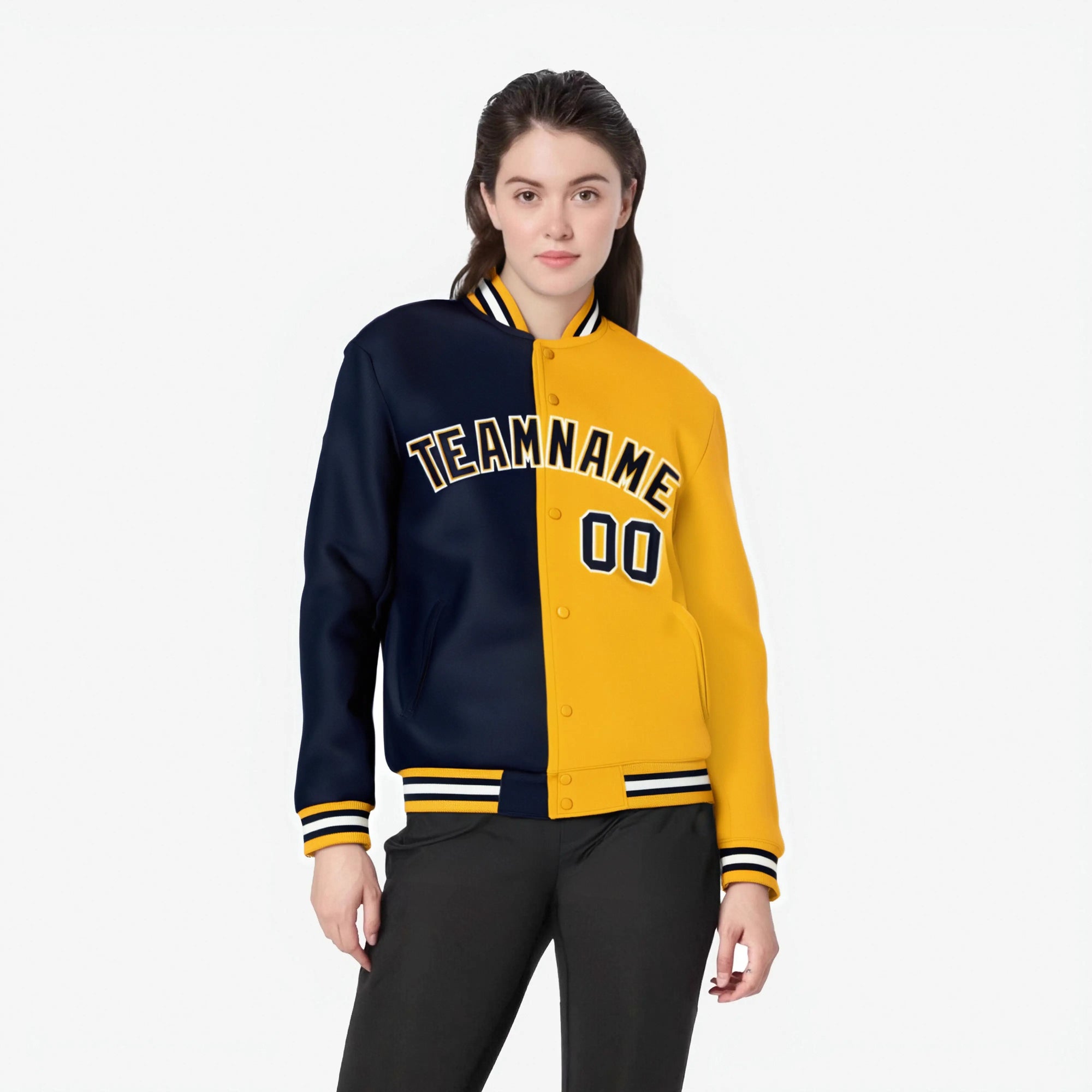 Custom Navy White Yellow Bomber Full-Snap Varsity Letterman Split Fashion Jacket