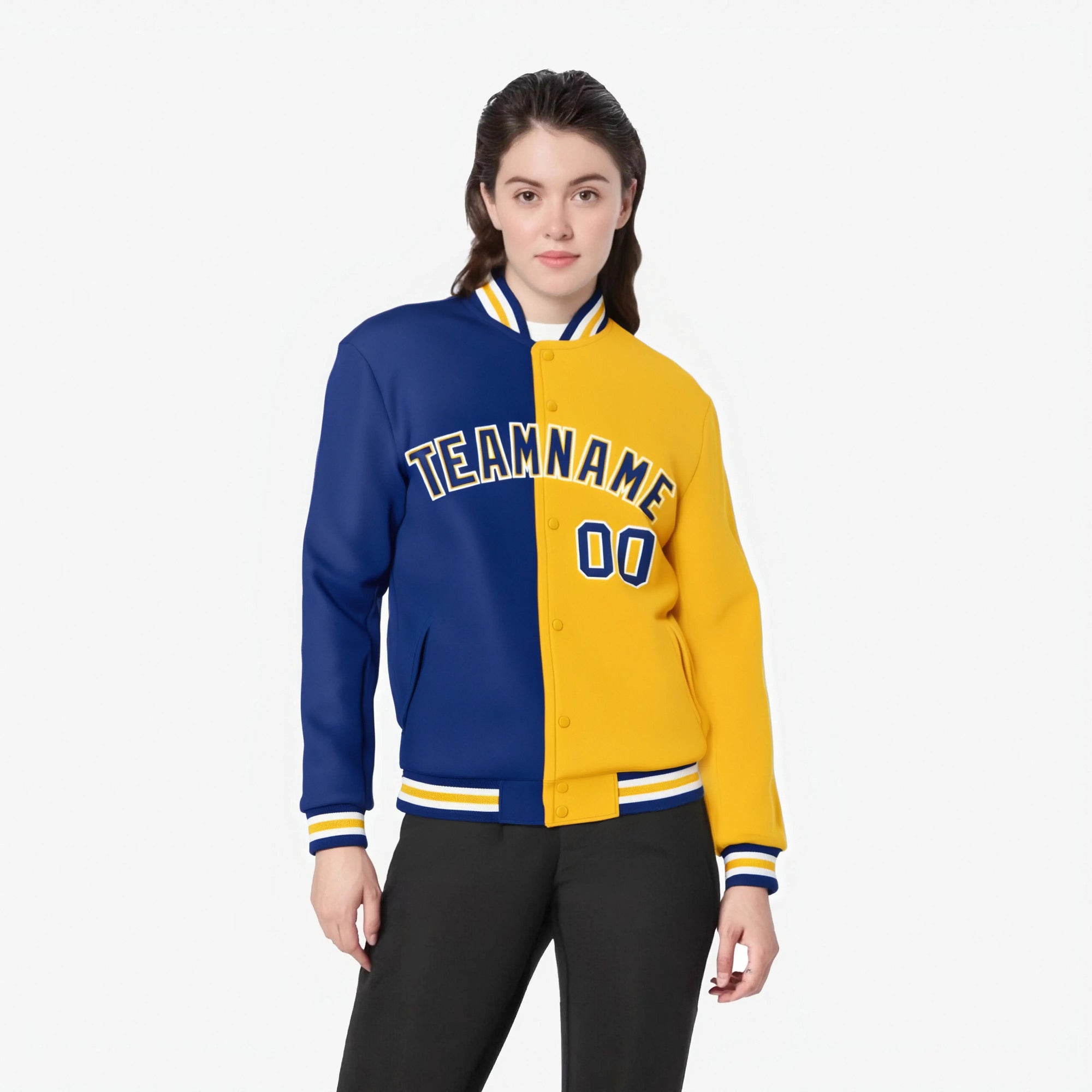 Custom Thunder-Blue White Yellow Bomber Full-Snap Varsity Letterman Split Fashion Jacket