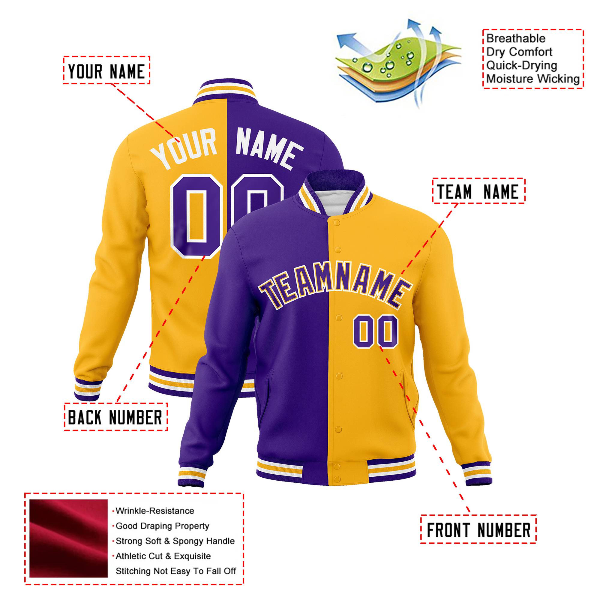 Custom Purple White Yellow Bomber Full-Snap Varsity Letterman Split Fashion Jacket